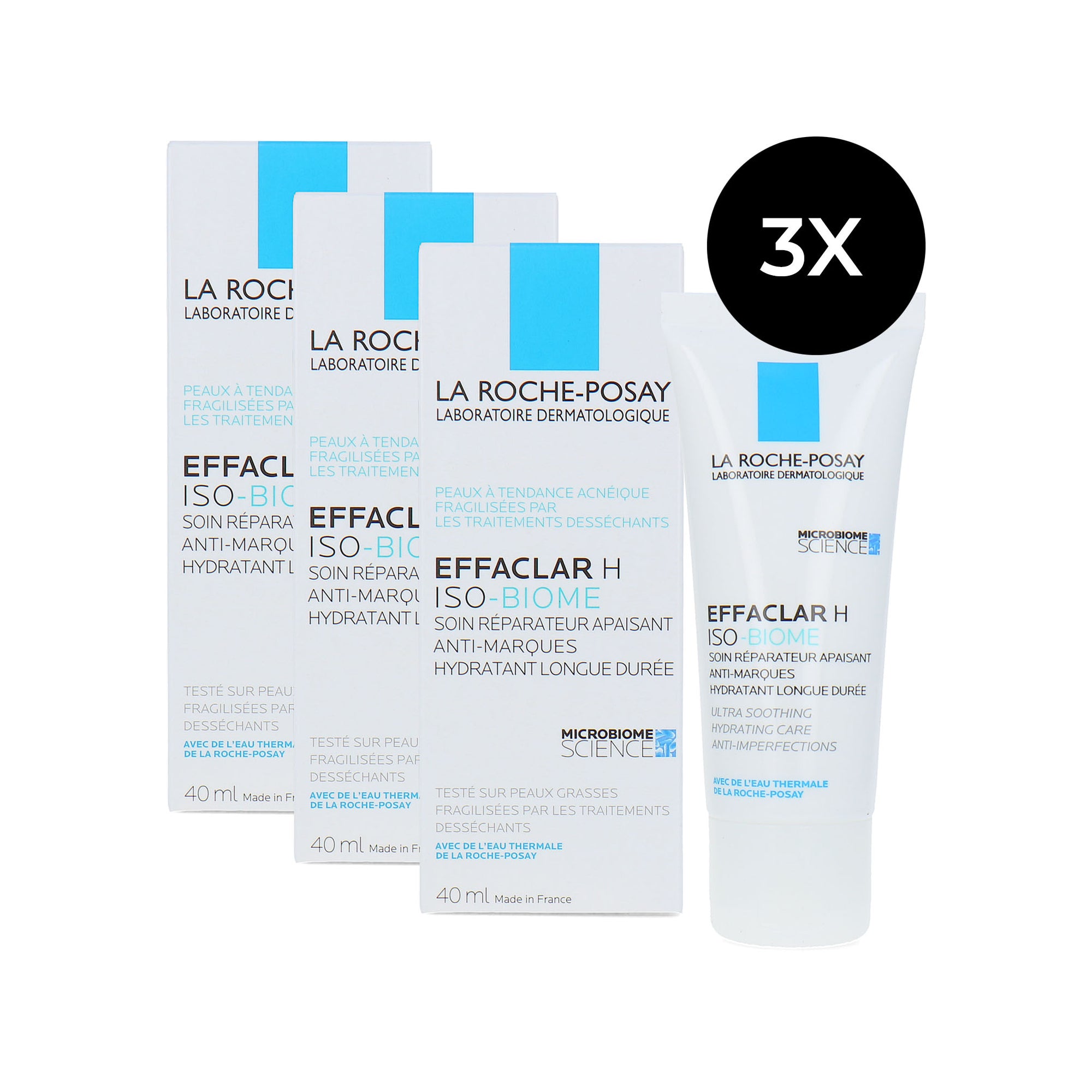 La Roche-Posay Effaclar H Iso-Biome Ultra Soothing Restorative Anti-Imperfections Care - 3 x 40 ml (Für trockene und empfindliche Haut)