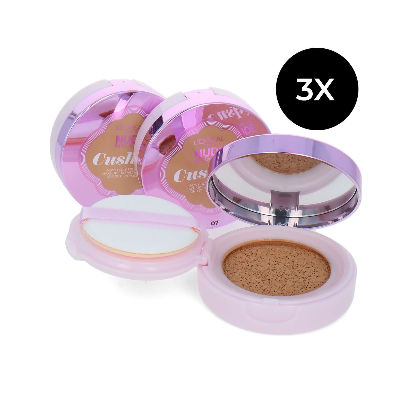 L'Oréal Nude Magique Cushion Dewy Glow Foundation - 07 Golden Beige (set van 3)