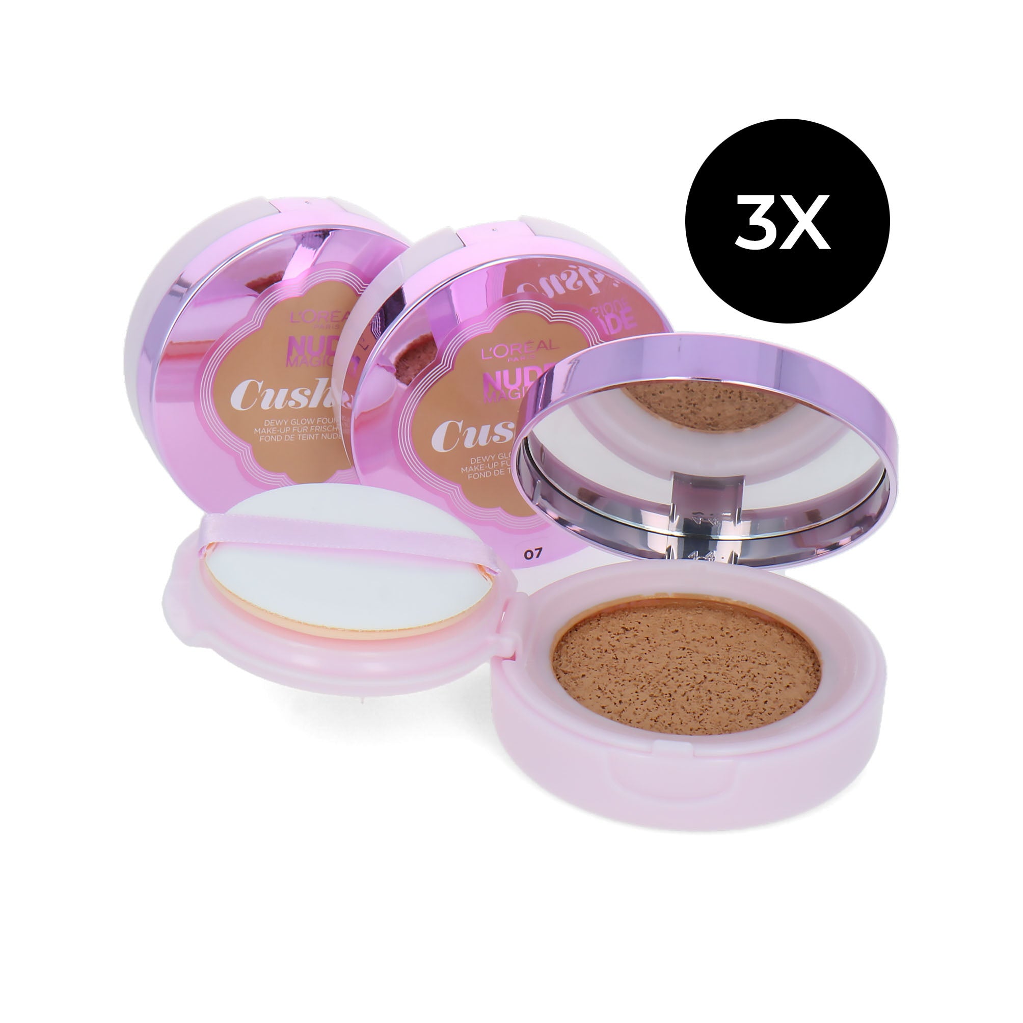 L'Oréal Nude Magique Cushion Dewy Glow Foundation - 07 Golden Beige (3er Set)