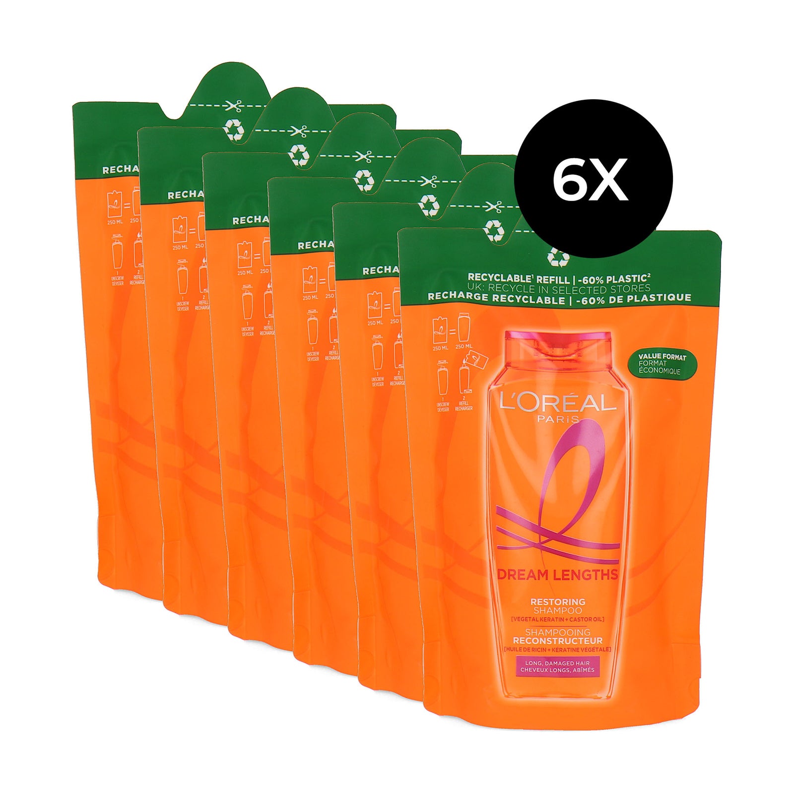 L'Oréal Dream Lengths Restoring Shampoo Refill - 6 x 250 ml