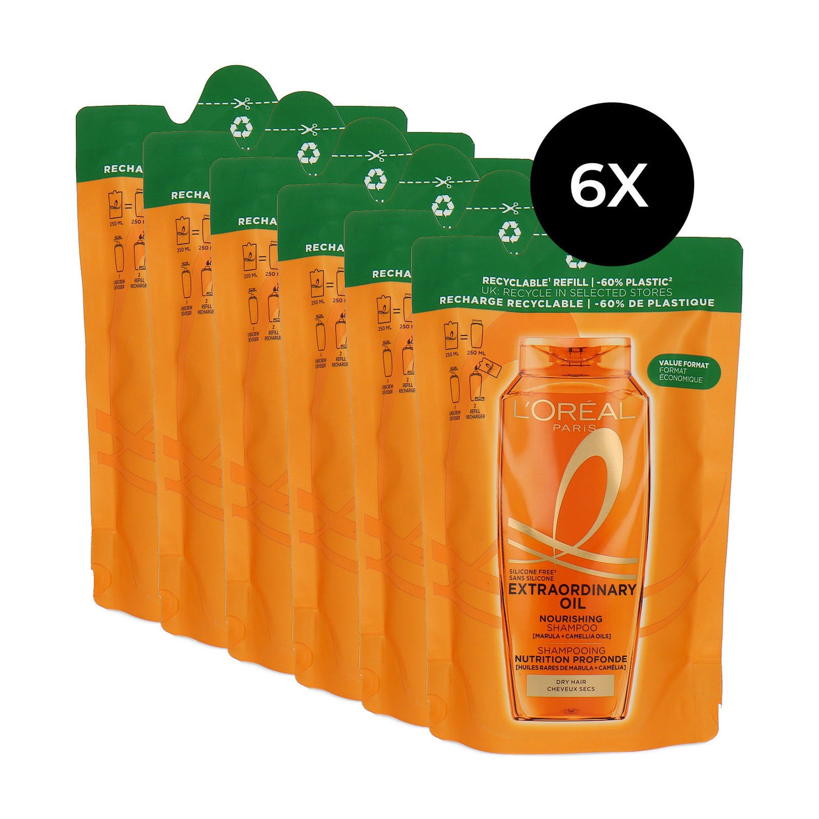 L'Oréal Extraoridinary Oil Nourishing Shampoo Refill - 6 x 250 ml