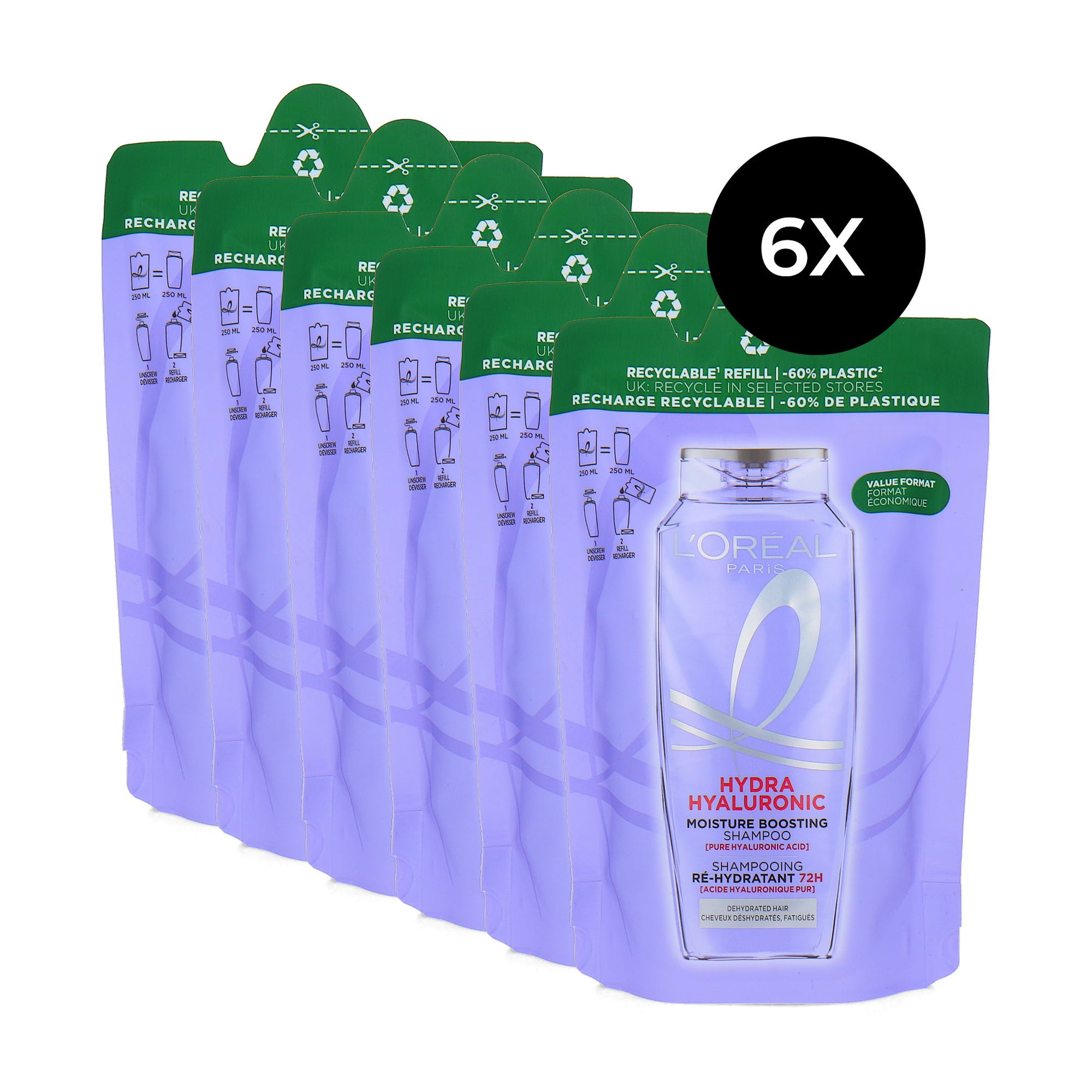 L'Oréal Hydra Hyaluronic Moisture Boosting Shampoo Refill - 6 x 250 ml