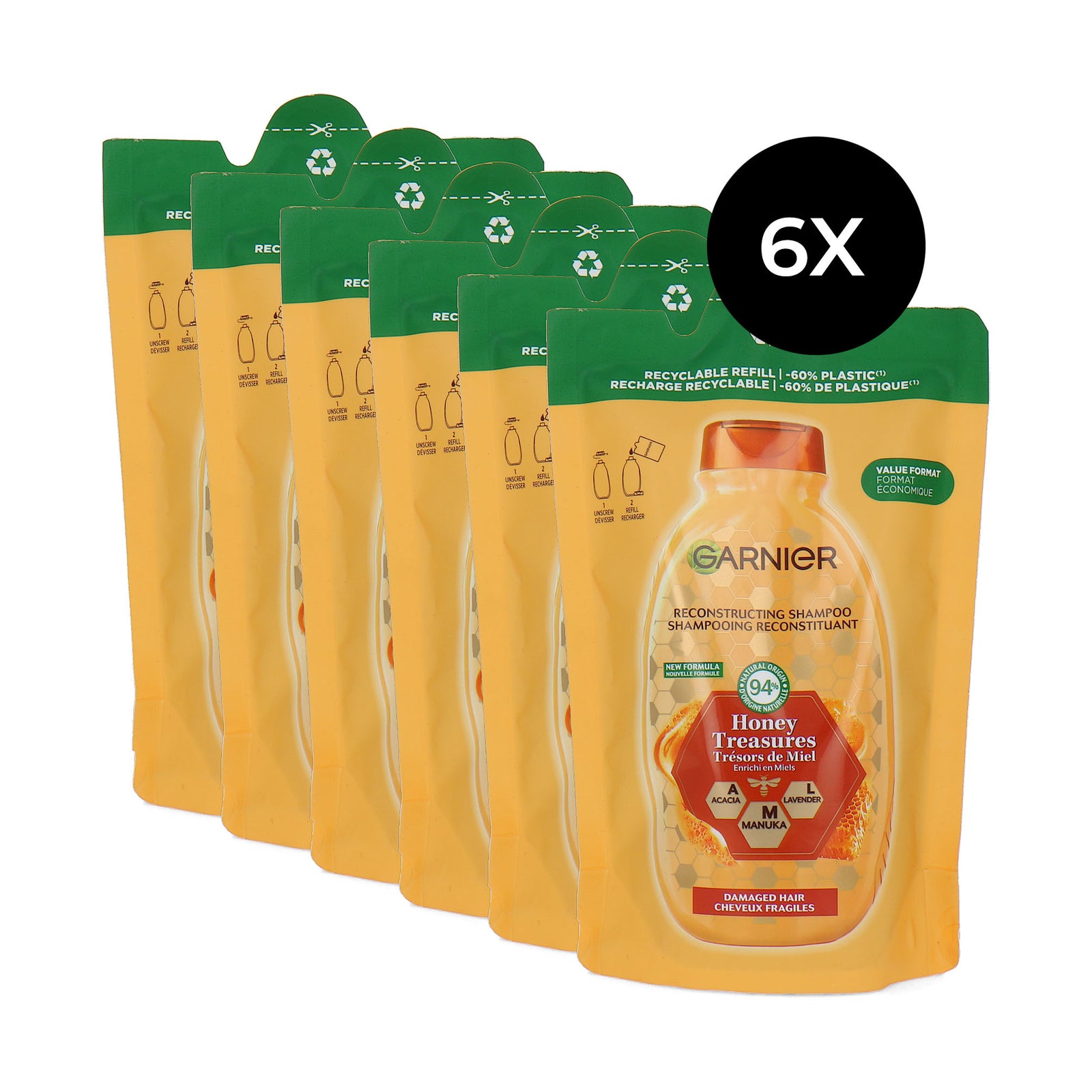 Garnier Loving Blends Honey Treasures Shampoo Refill - 6 x 250 ml