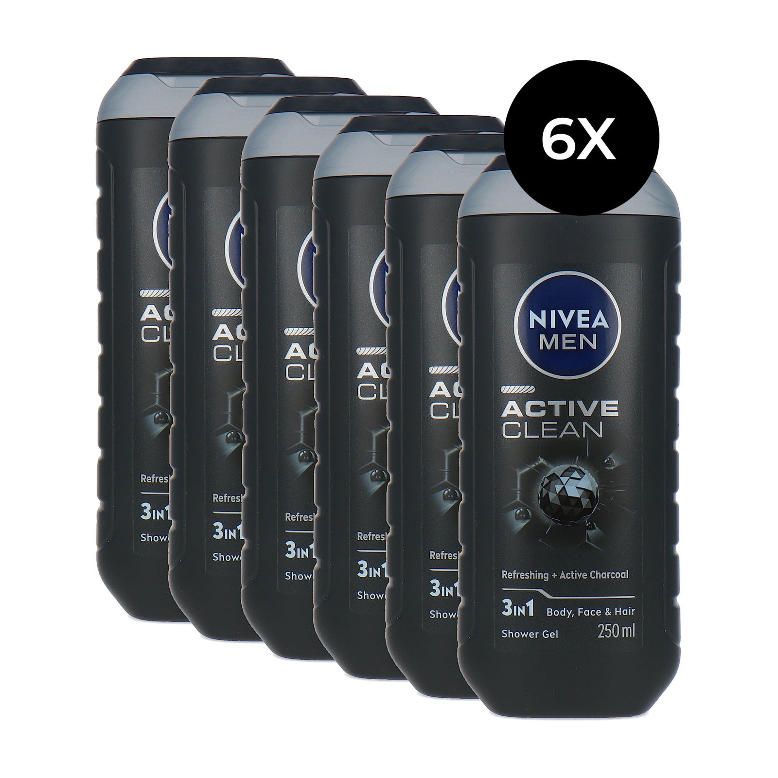 Nivea Men Active Clean 3in1 Body, Face & Hair Shower Gel - 6 x 250 ml