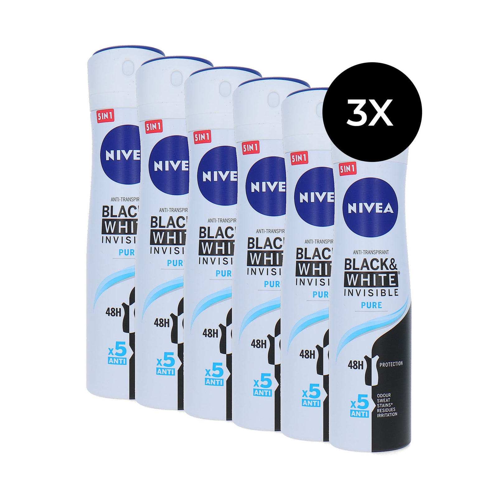 Nivea Black & White Invisible Pure Deodorant Spray - 6 x 150 ml