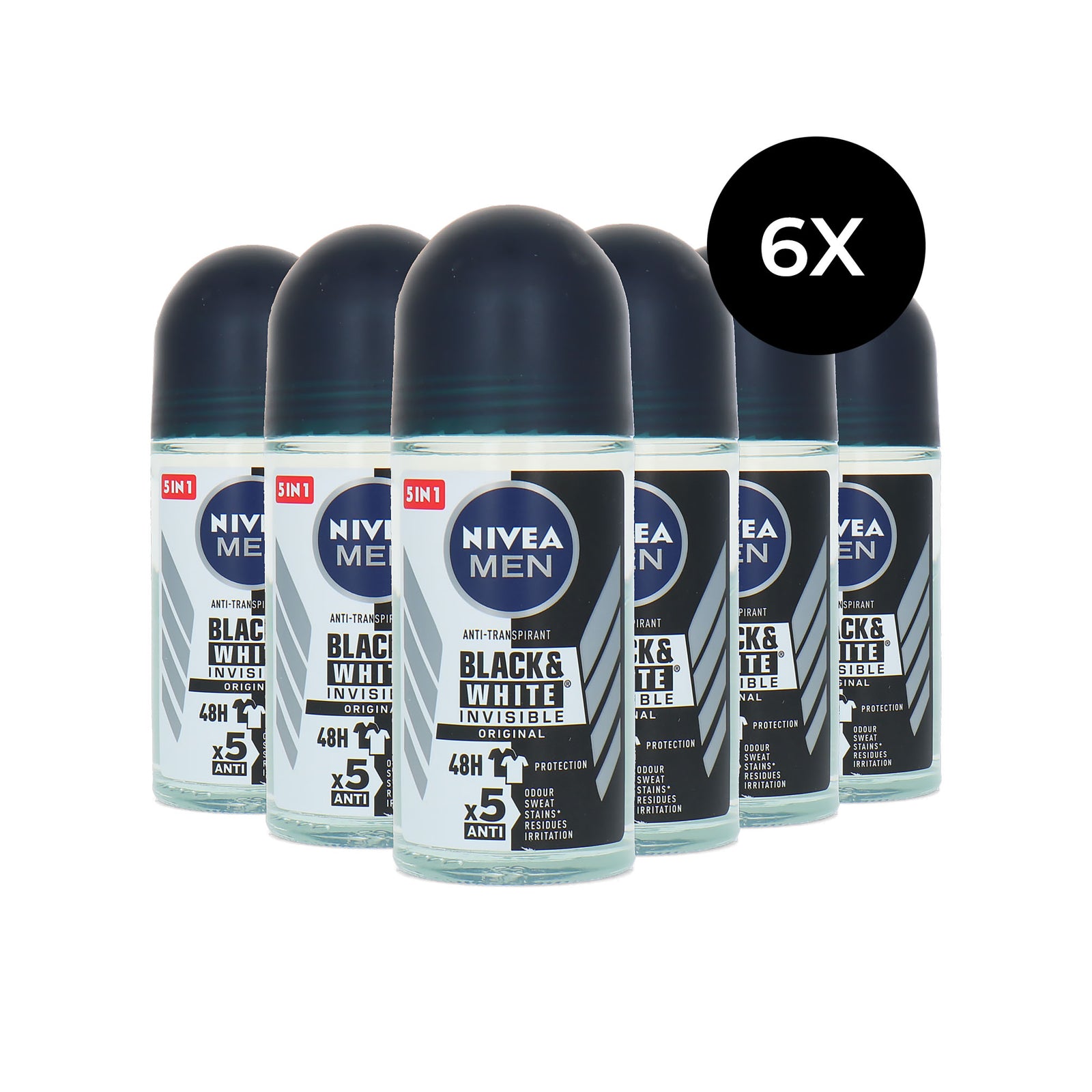 Nivea Black & White Invisible Original Deo Roller - 6 x 50 ml