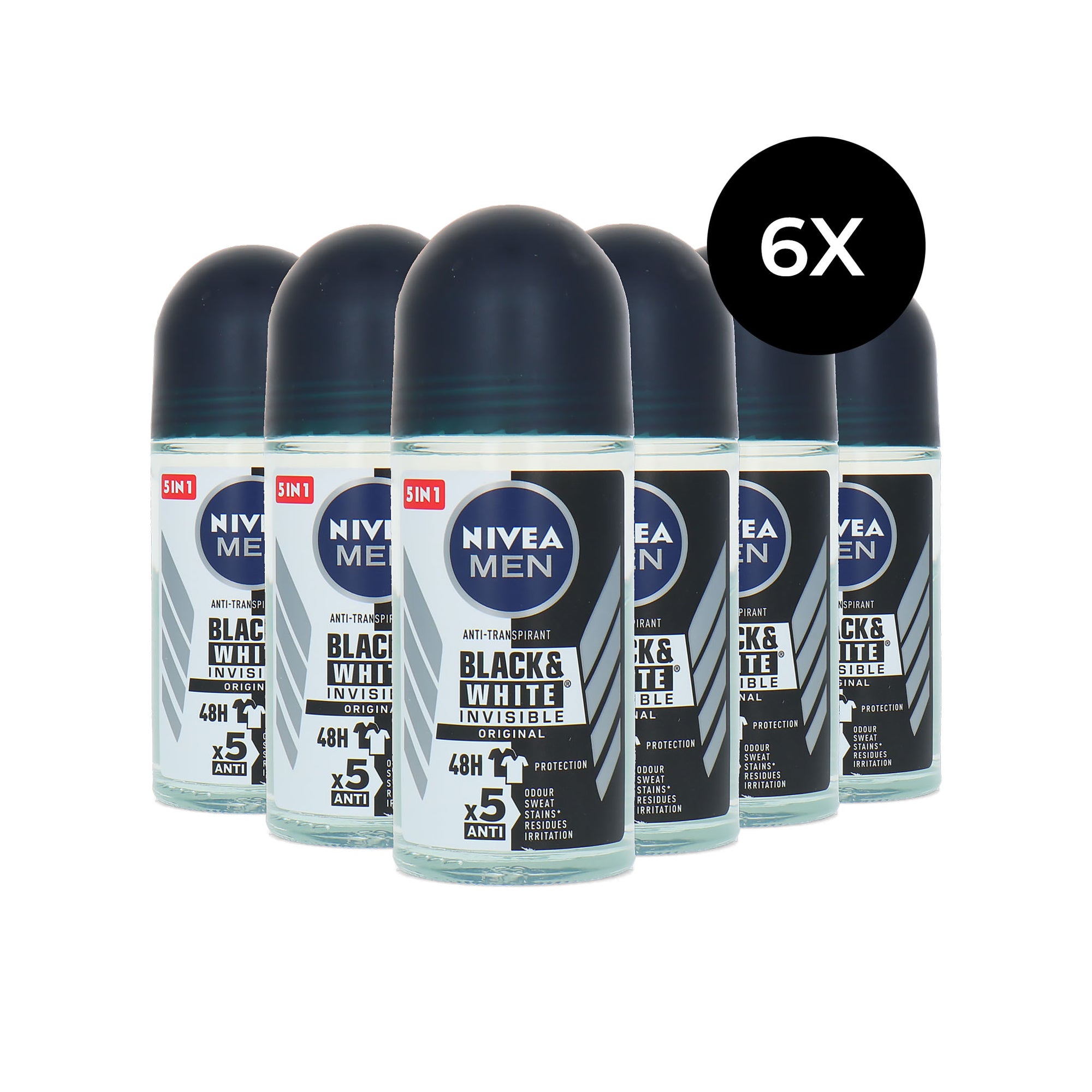 Nivea Black & White Invisible Original Deo Roller - 6 x 50 ml