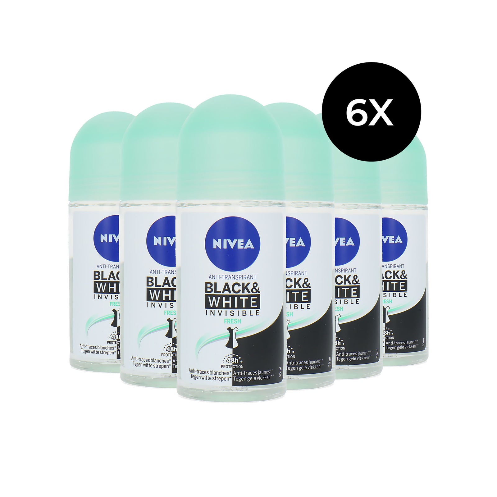Nivea Black & White Invisible Fresh Deo Roller - 6 x 50 ml