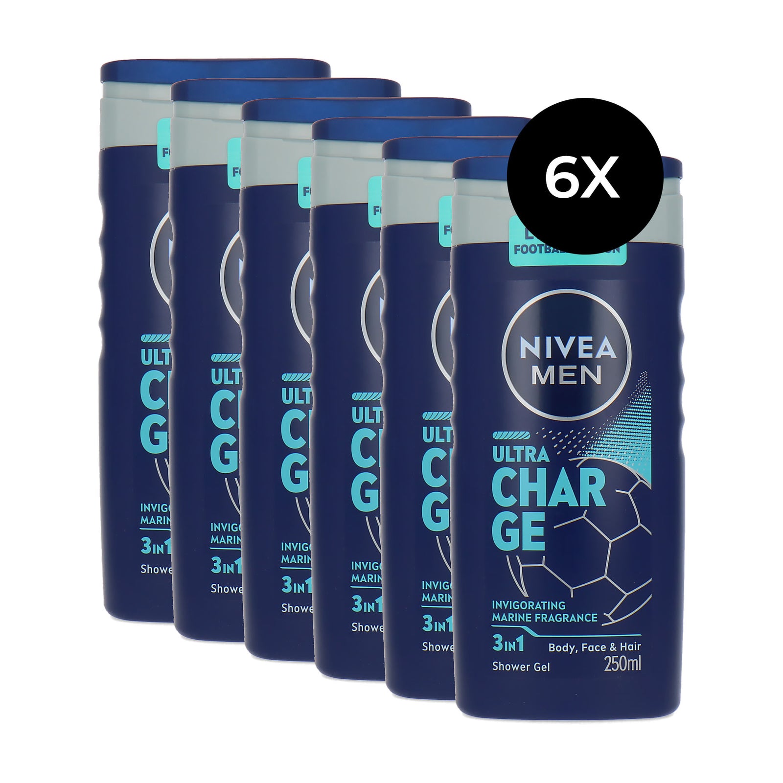 Nivea Men Ultra Charge Body, Face & Hair Shower Gel - 6 x 250 ml