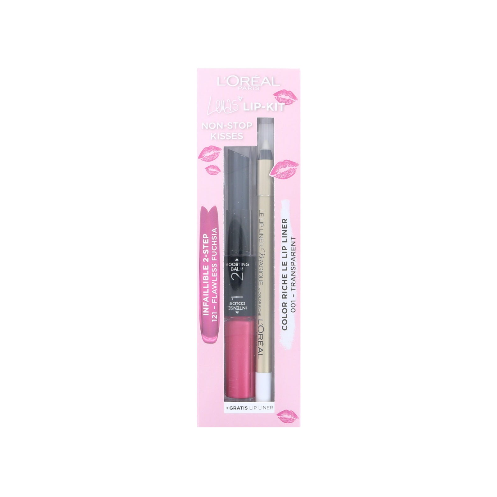 L'Oréal Non-Stop Kisses Lip Kit - 121 Flawless Fuchsia - 001 Transparent (Duitse versie)