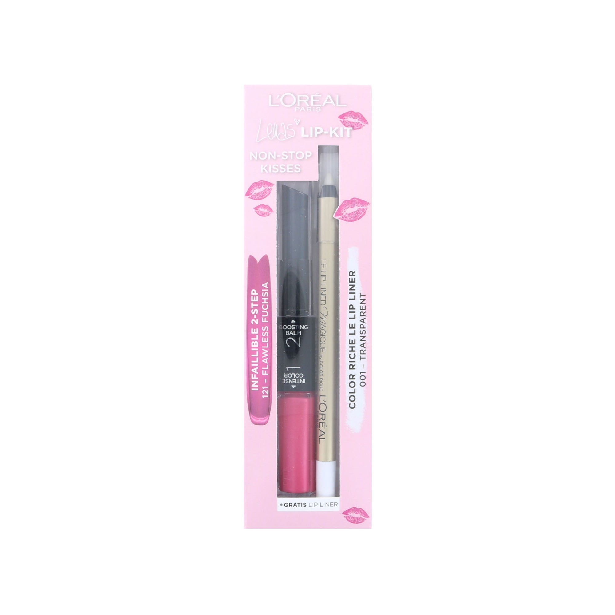 L'Oréal Non-Stop Kisses Lip Kit - 121 Flawless Fuchsia - 001 Transparent (Duitse versie)