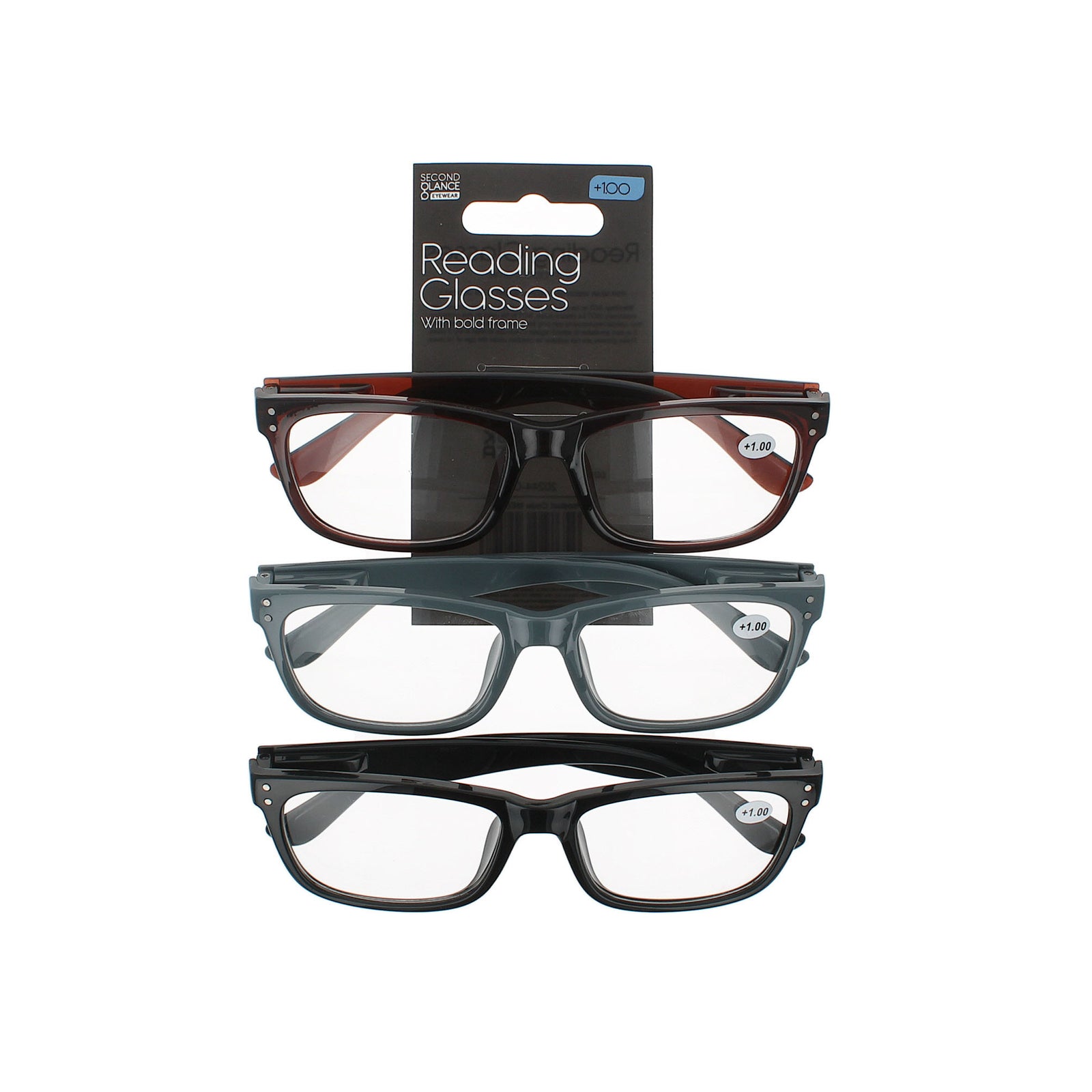 Second Glance 3 Pieces Bold Frame Reading Glasses + 1.00 - Black-Brown-Grey