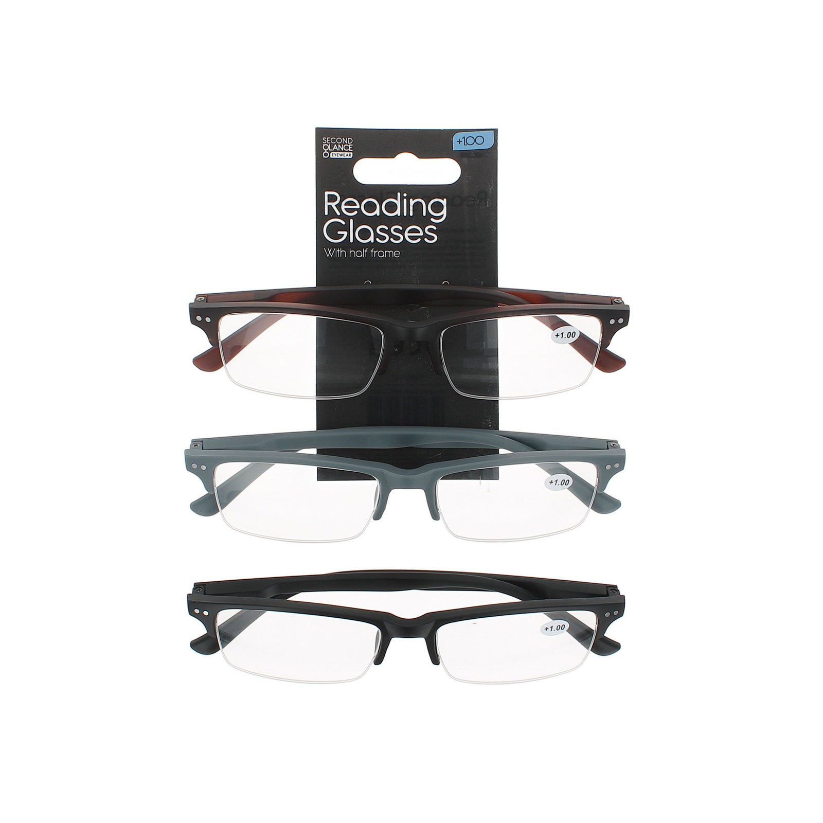 Second Glance 3 Pieces Half Frame Reading Glasses + 1.00 - Black-Brown-Grey