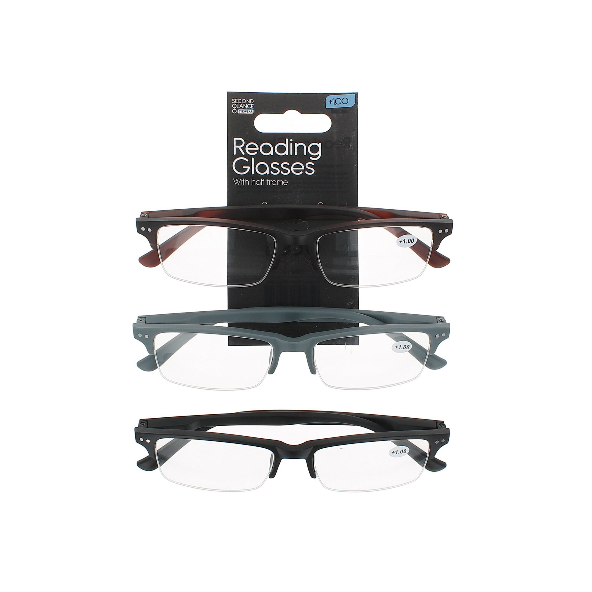 Second Glance 3 Pieces Half Frame Reading Glasses + 1.00 - Black-Brown-Grey