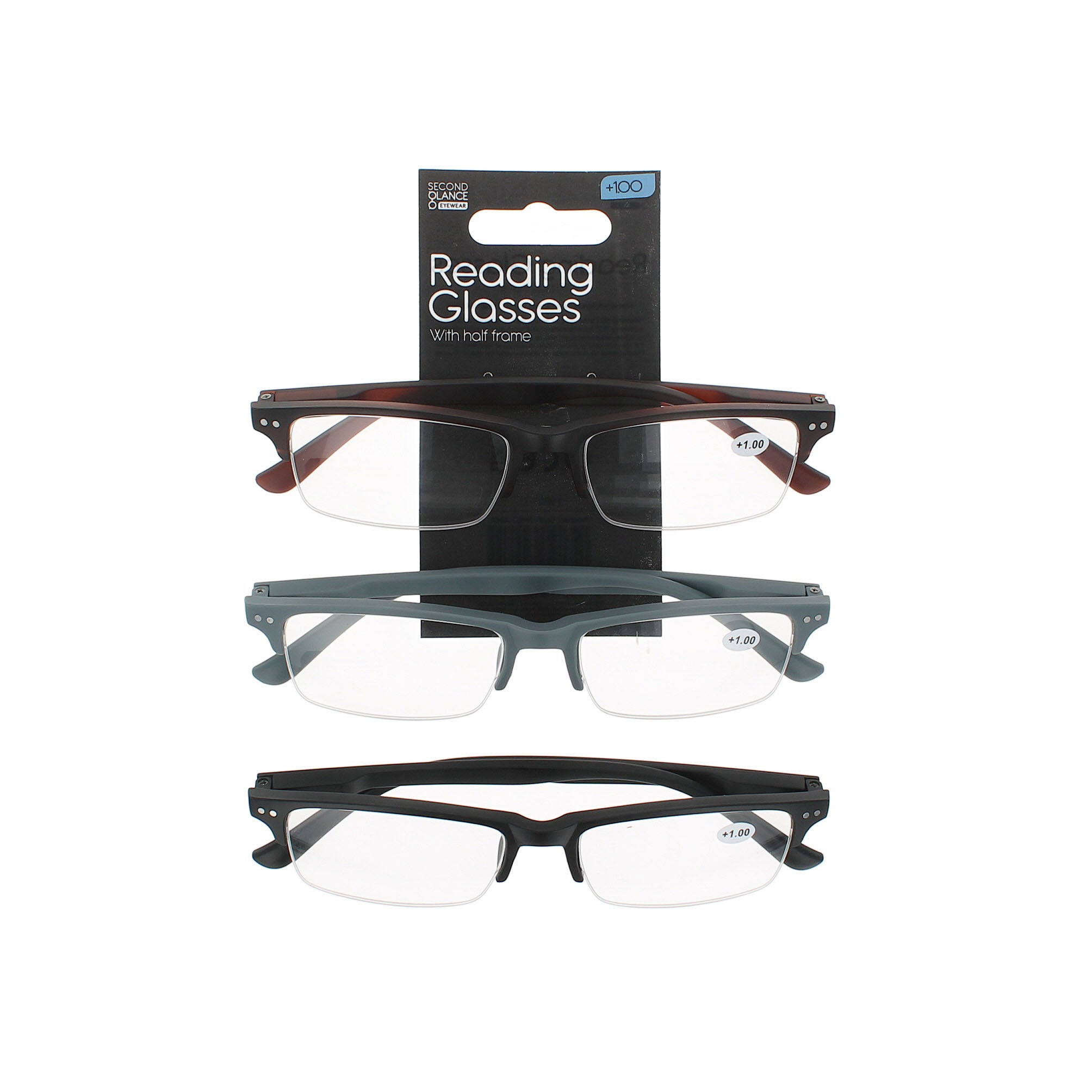 Second Glance 3 Pieces Half Frame Reading Glasses + 1.00 - Black-Brown-Grey
