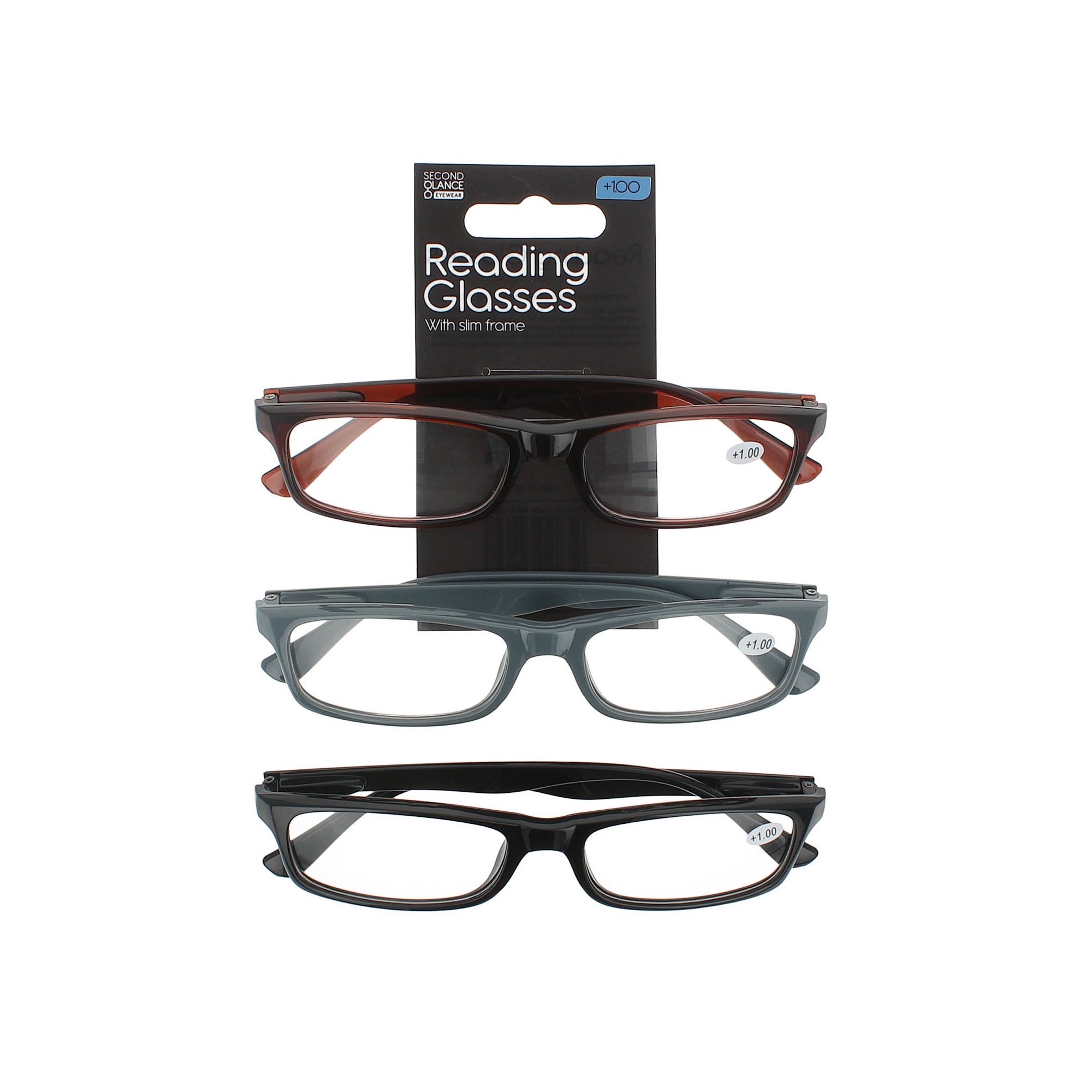 Second Glance 3 Pieces Slim Frame Reading Glasses + 1.00 - Black-Brown-Grey