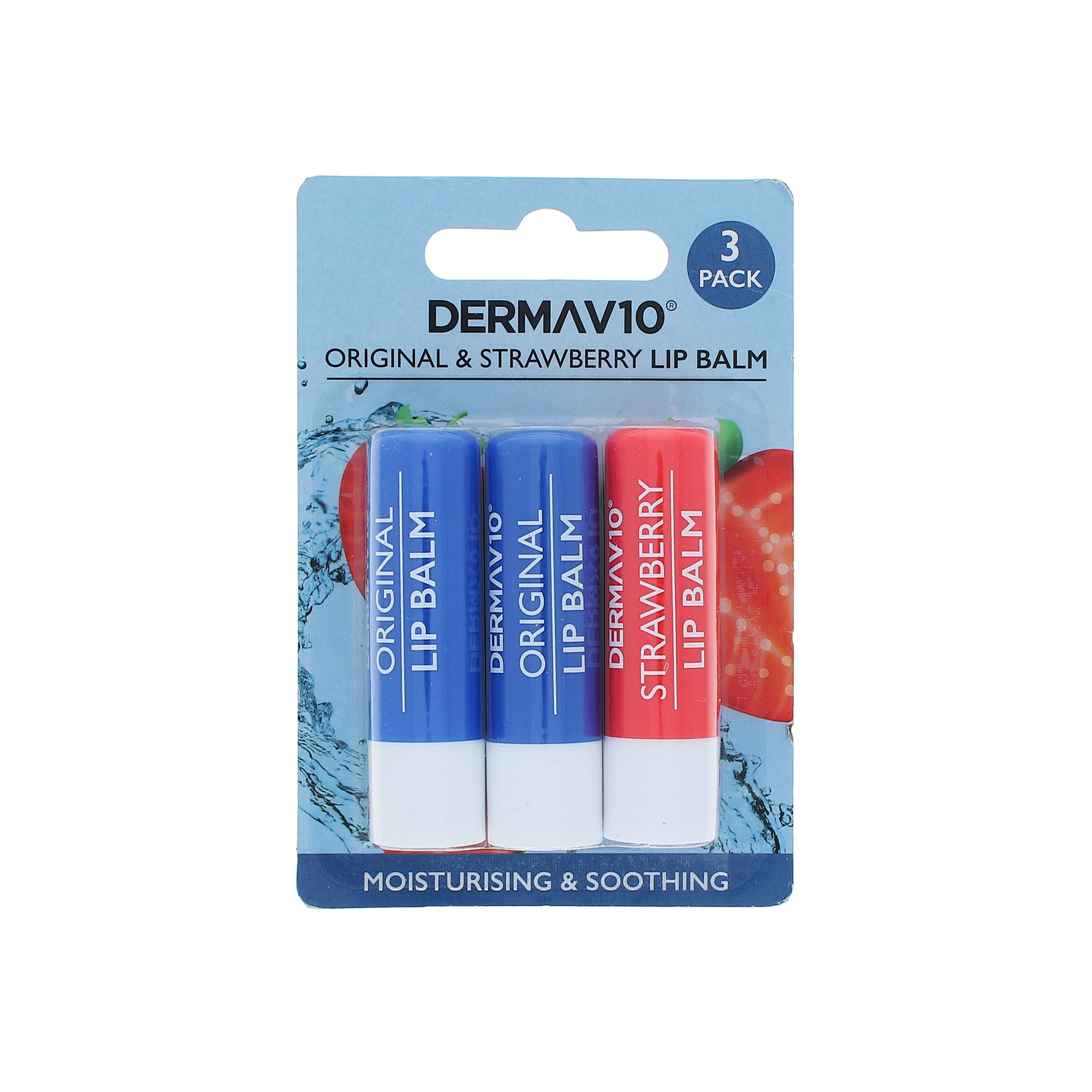 Derma V10 Original & Strawberry Lip Balm - 3 x 4 gr