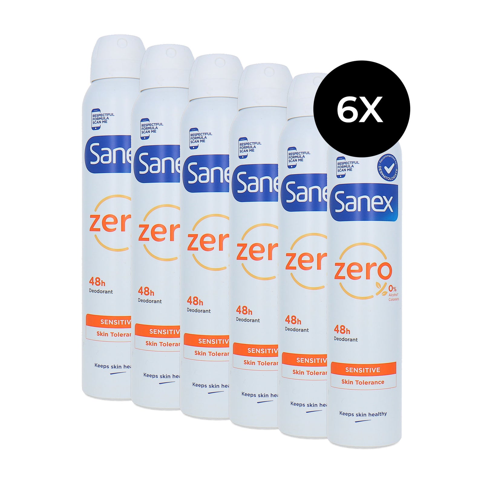 Sanex Zero% Sensitive Deodorant Spray - 6 x 200 ml