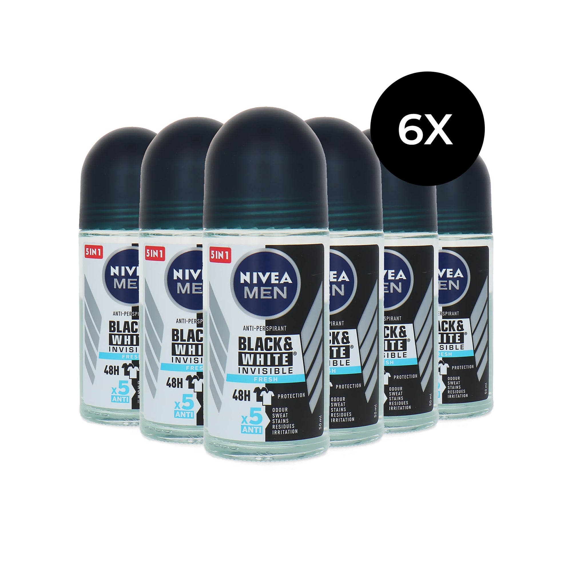Nivea Men Black & White Invisible Fresh Deo Roller - 6 x 50 ml