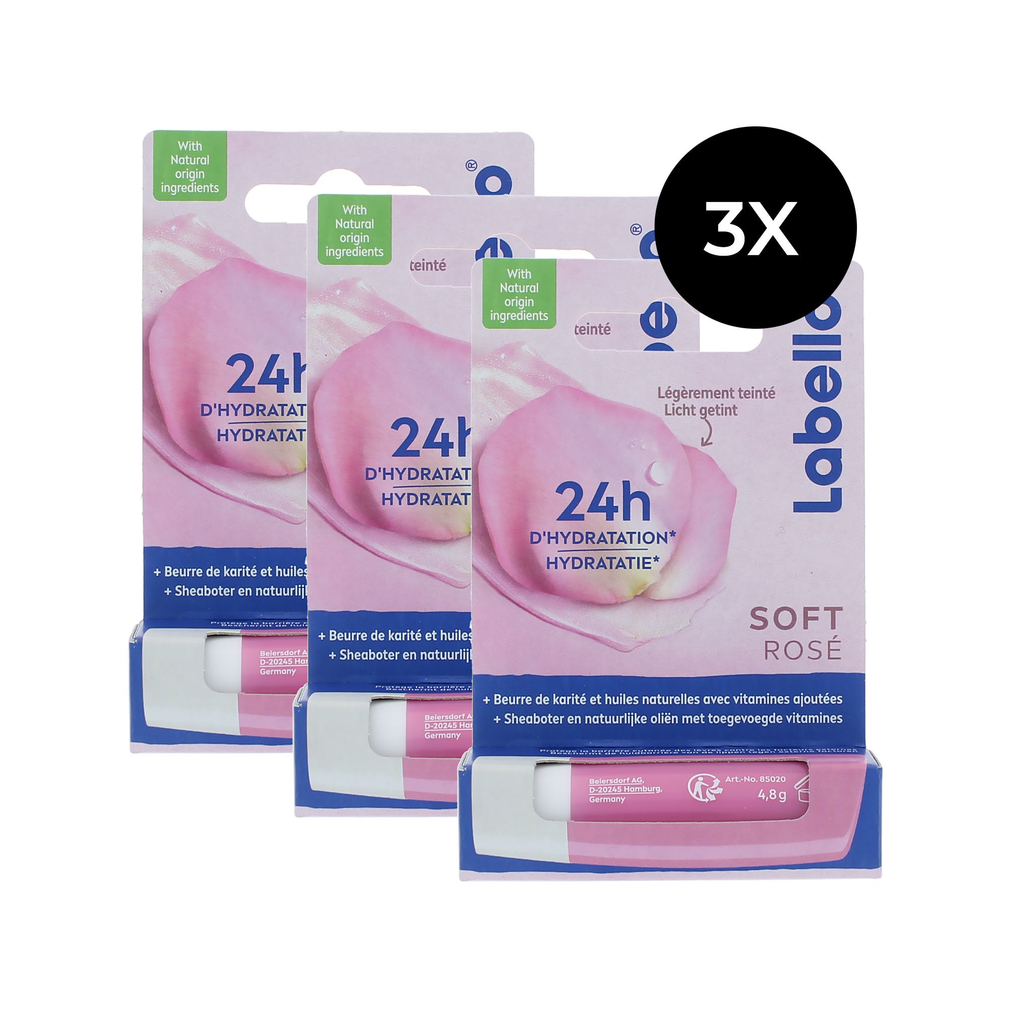 Labello 24H Hydration Soft Rosé Lip-Balm - 3 x 4,8 gr