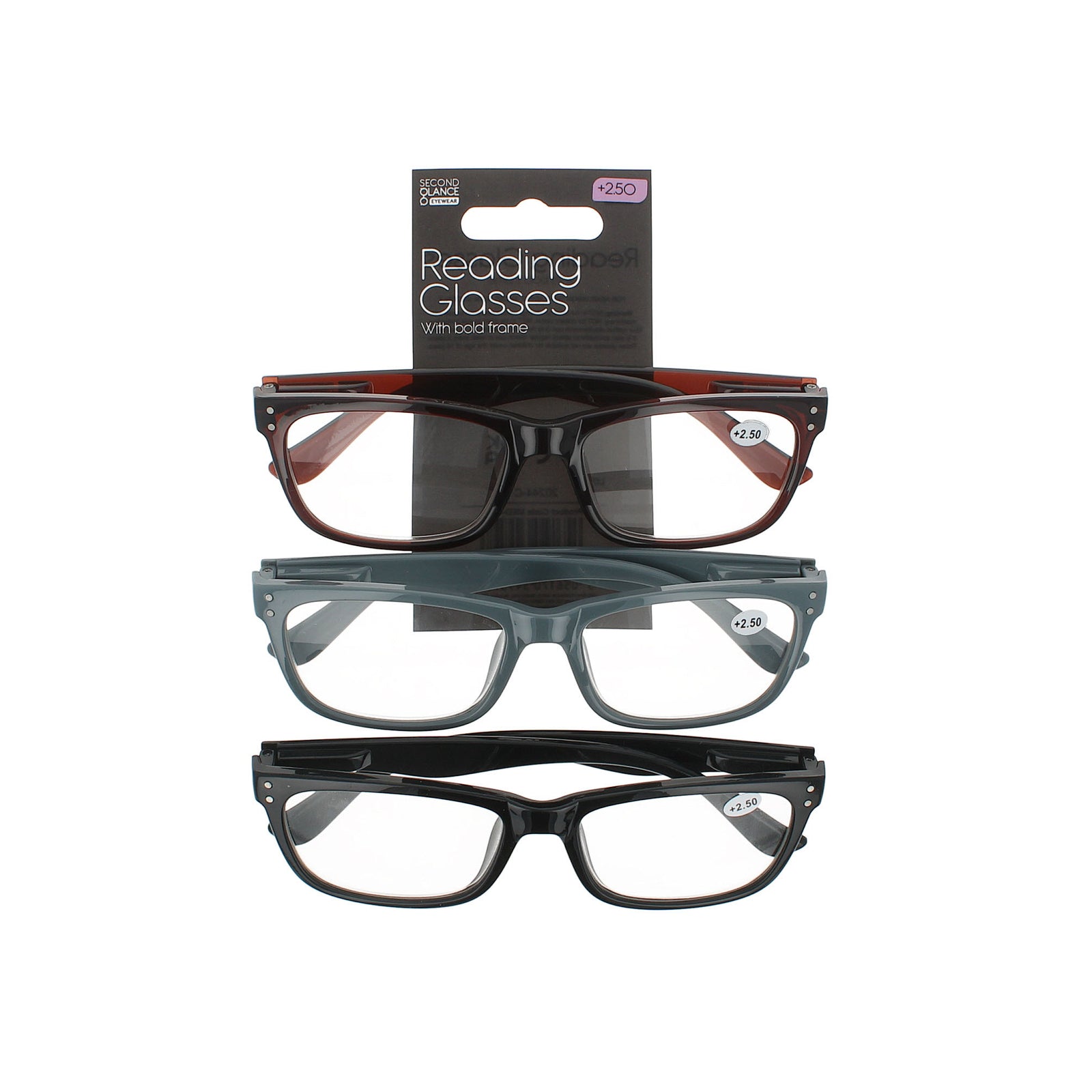 Second Glance 3 Pieces Bold Frame Reading Glasses + 2.50 - Black-Brown-Grey