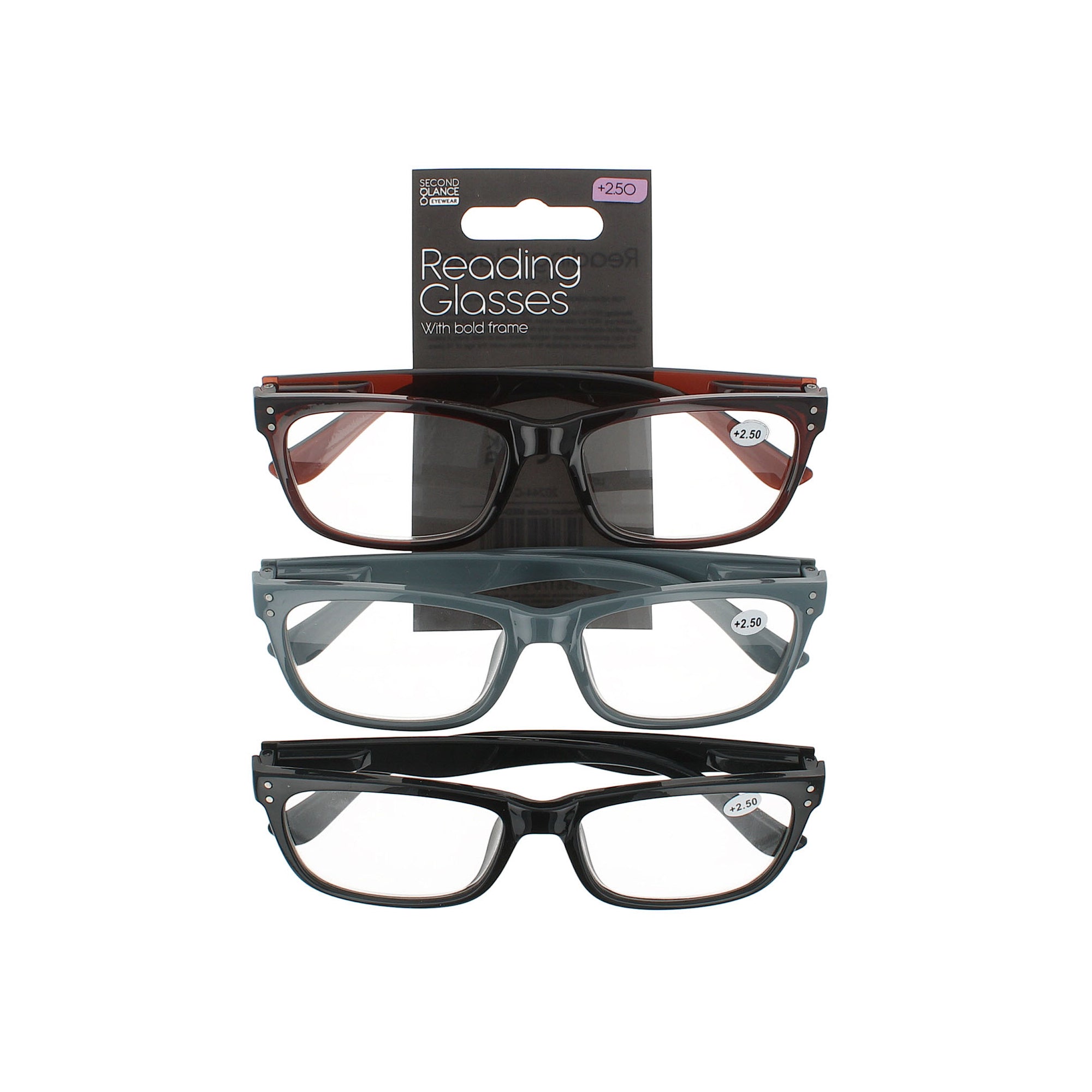 Second Glance 3 Pieces Bold Frame Reading Glasses + 2.50 - Black-Brown-Grey