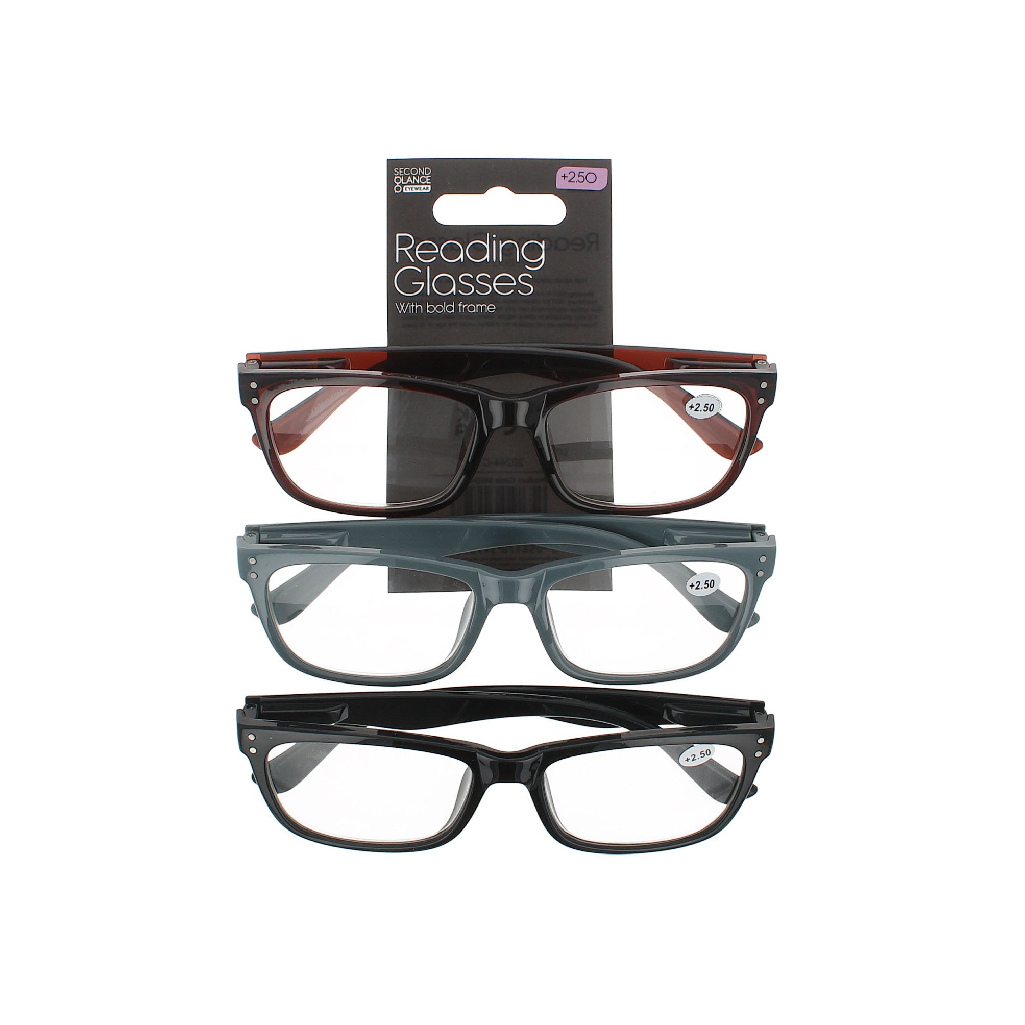 Second Glance 3 Pieces Bold Frame Reading Glasses + 2.50 - Black-Brown-Grey