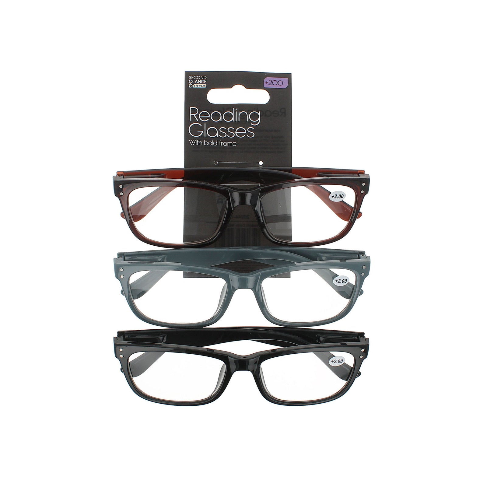 Second Glance 3 Pieces Bold Frame Reading Glasses + 2.00 - Black-Brown-Grey