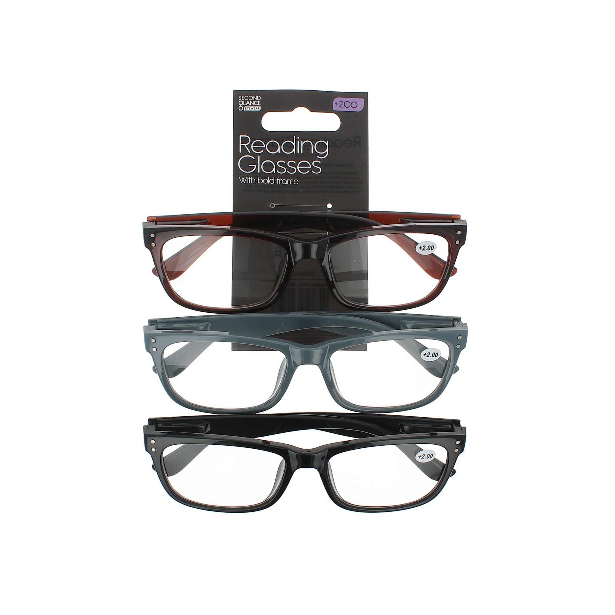 Second Glance 3 Pieces Bold Frame Reading Glasses + 2.00 - Black-Brown-Grey