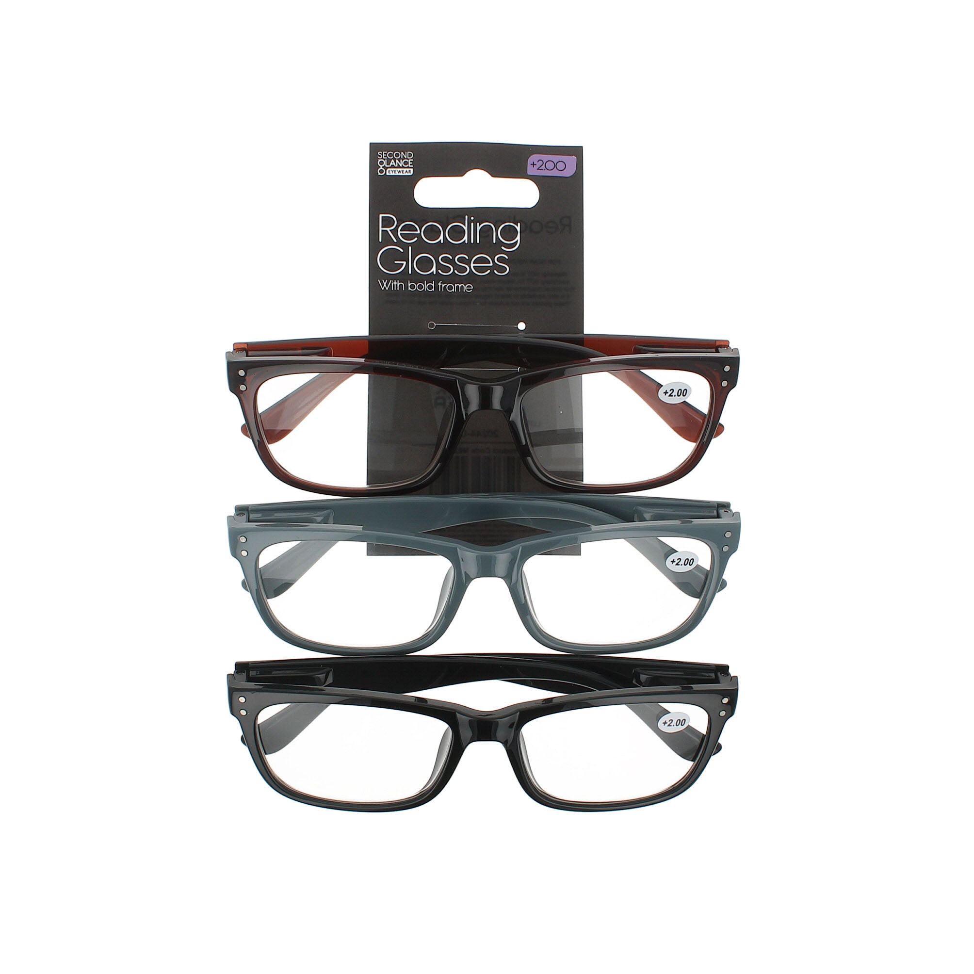 Second Glance 3 Pieces Bold Frame Reading Glasses + 2.00 - Black-Brown-Grey