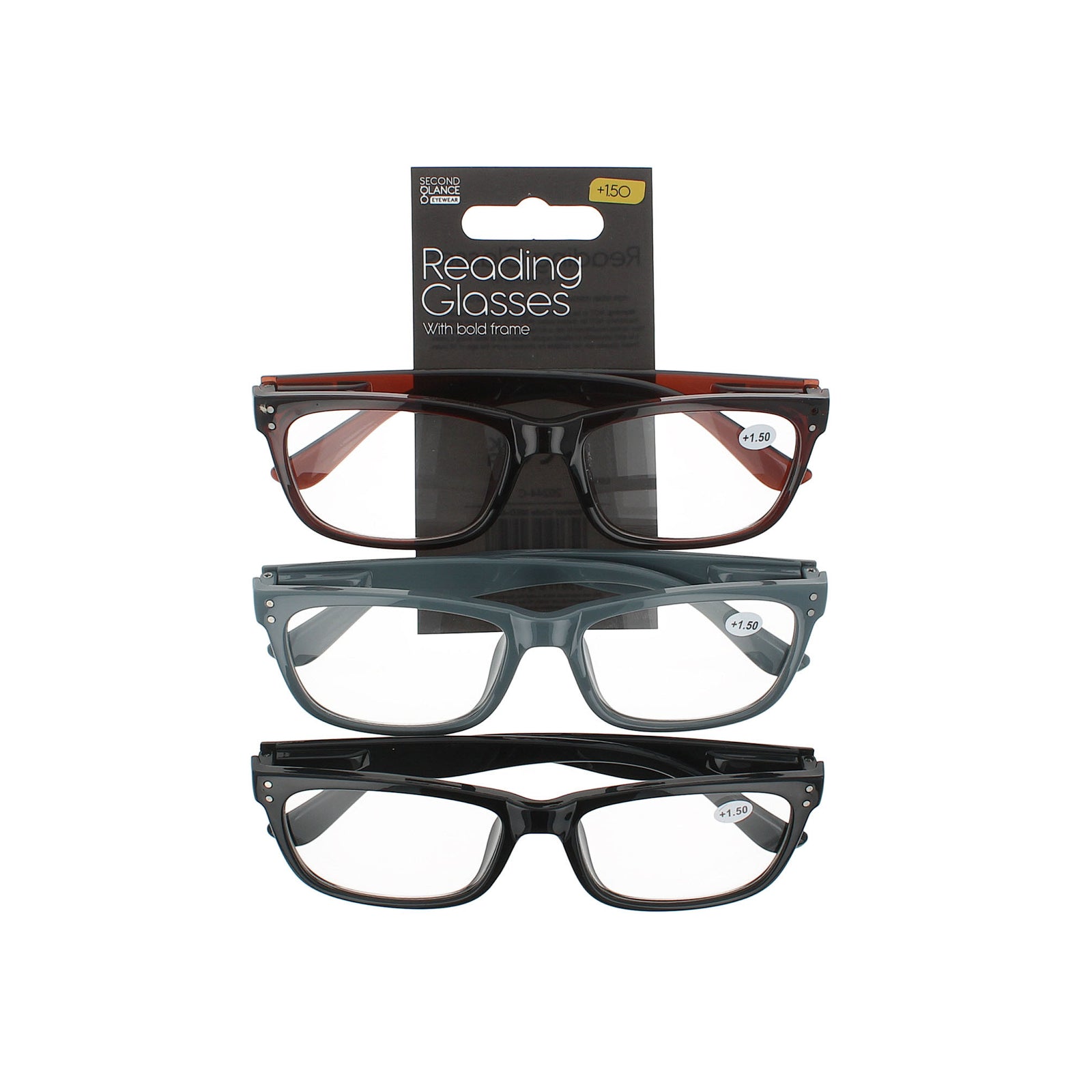 Second Glance 3 Pieces Bold Frame Reading Glasses + 1.50 - Black-Brown-Grey