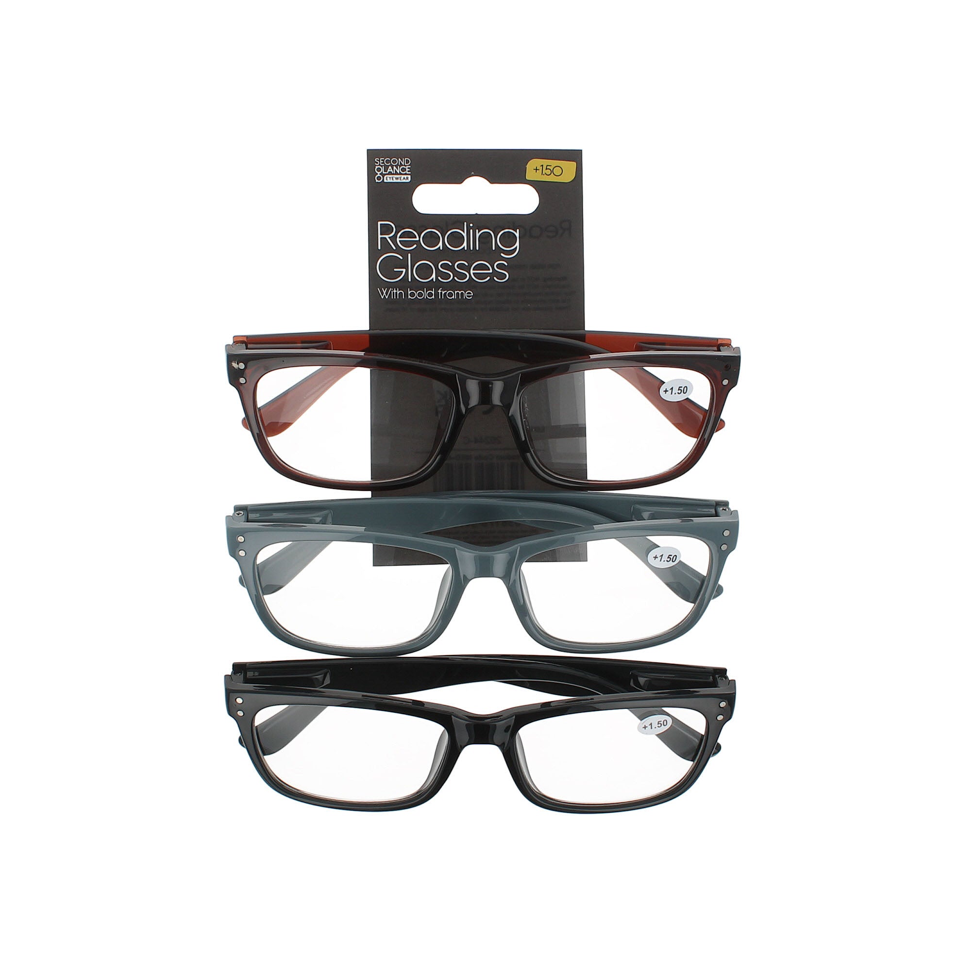 Second Glance 3 Pieces Bold Frame Reading Glasses + 1.50 - Black-Brown-Grey
