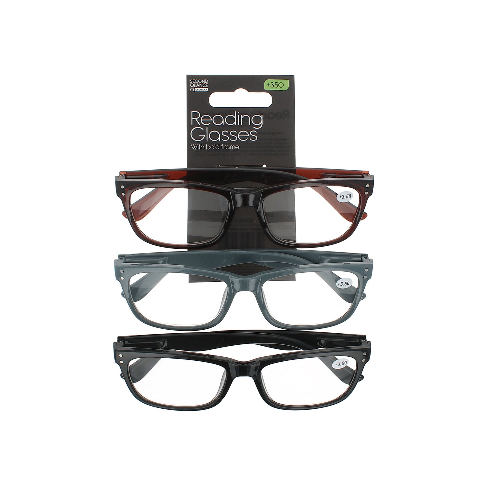Second Glance 3 Pieces Bold Frame Reading Glasses + 3.50 - Black-Brown-Grey