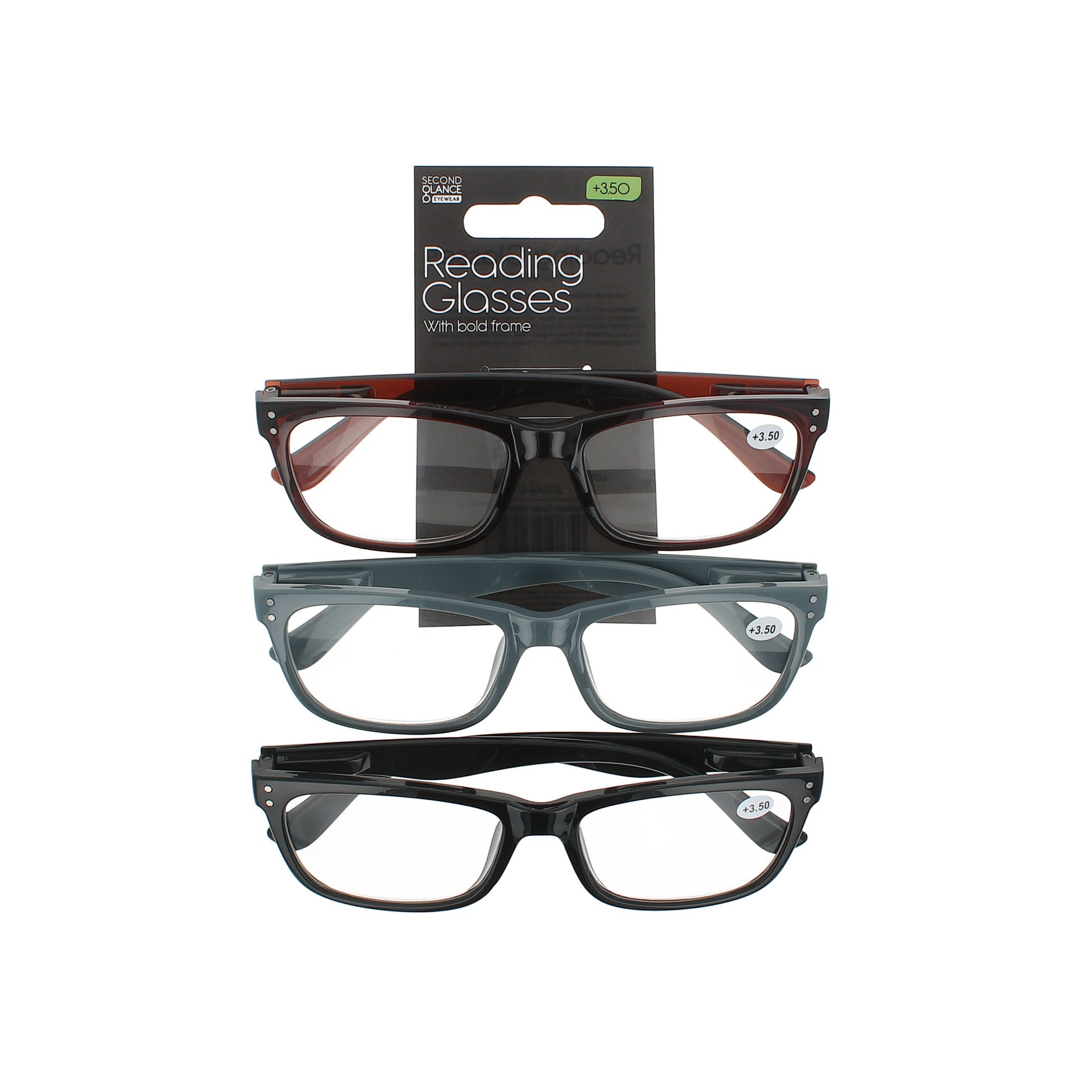 Second Glance 3 Pieces Bold Frame Reading Glasses + 3.50 - Black-Brown-Grey