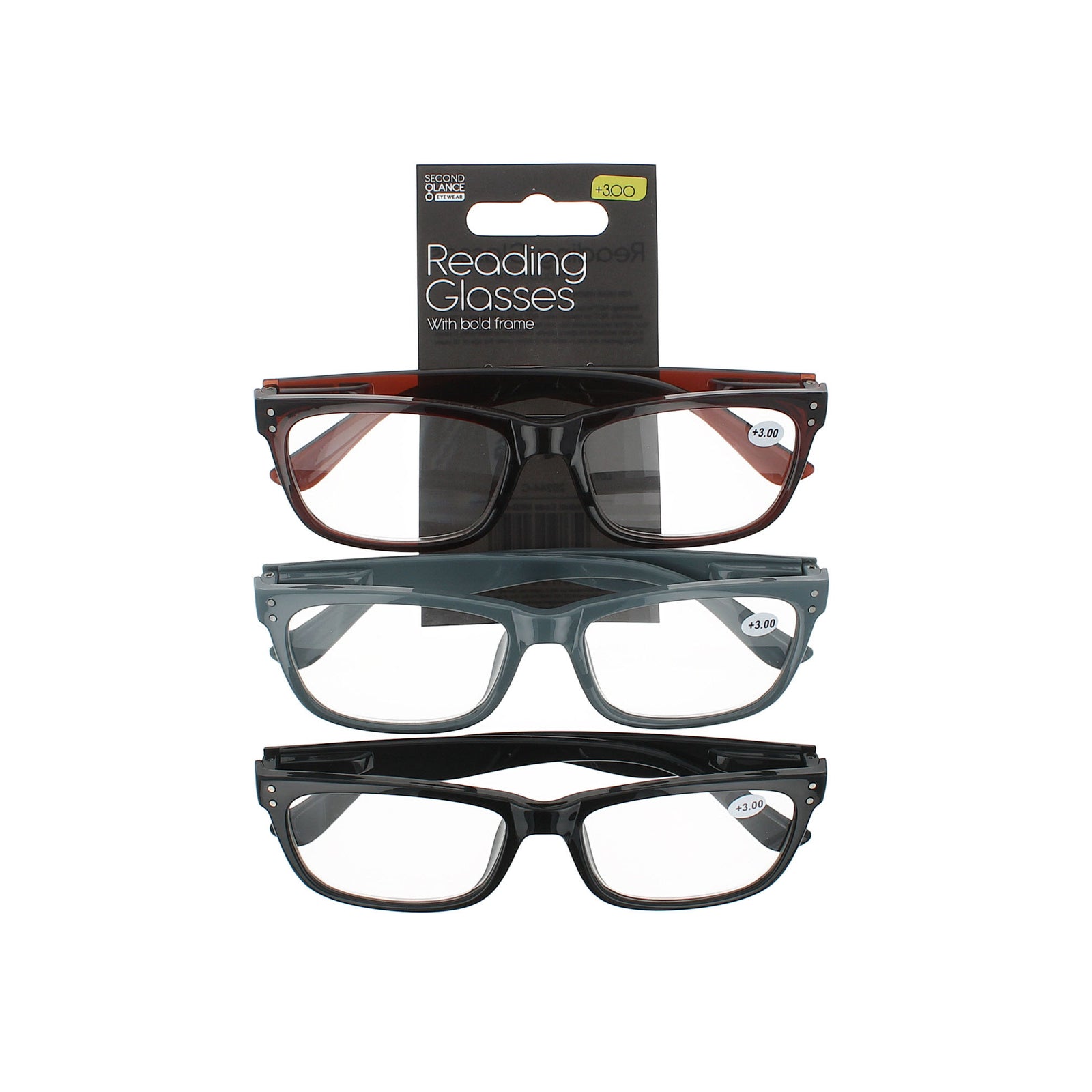 Second Glance 3 Pieces Bold Frame Reading Glasses + 3.00 - Black-Brown-Grey