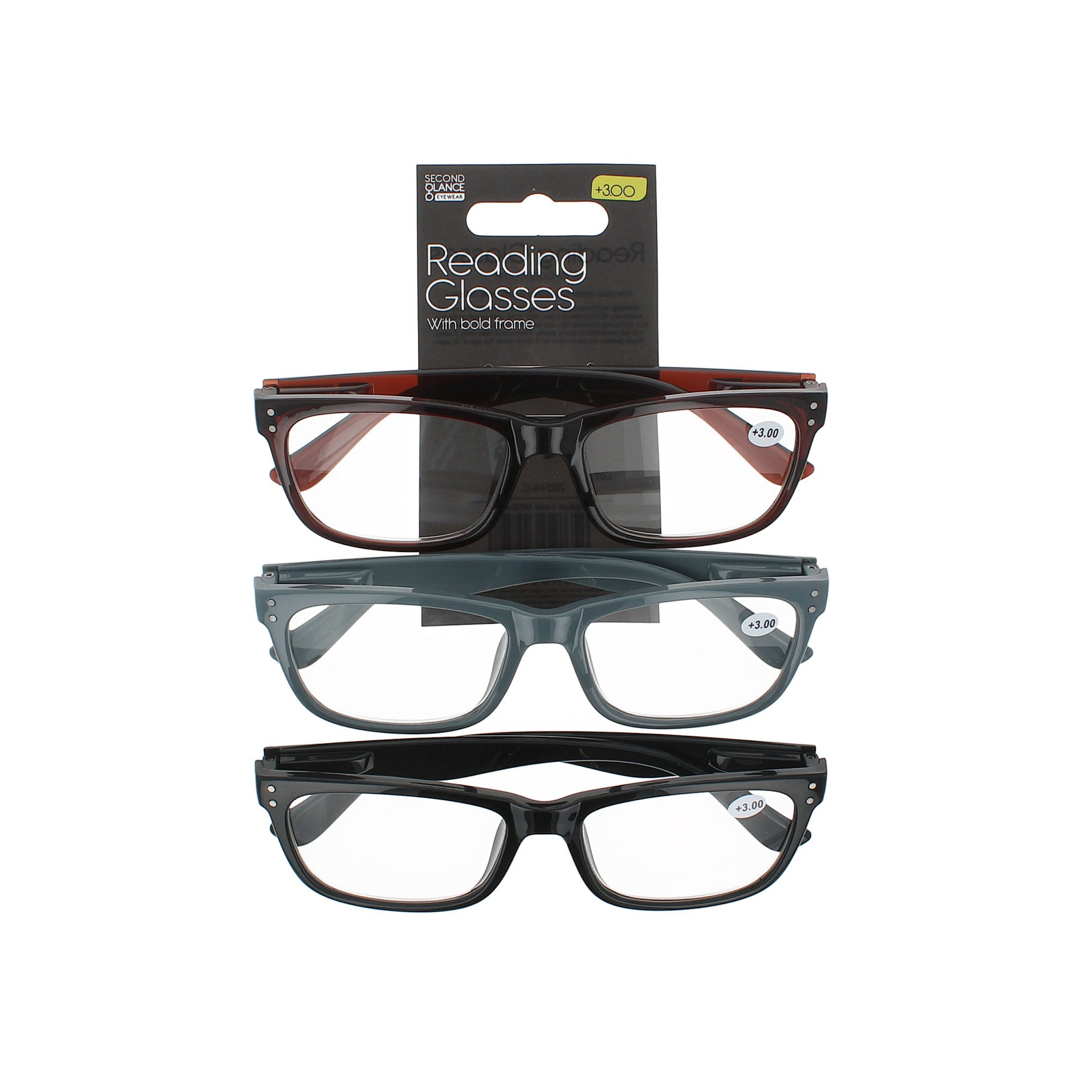 Second Glance 3 Pieces Bold Frame Reading Glasses + 3.00 - Black-Brown-Grey