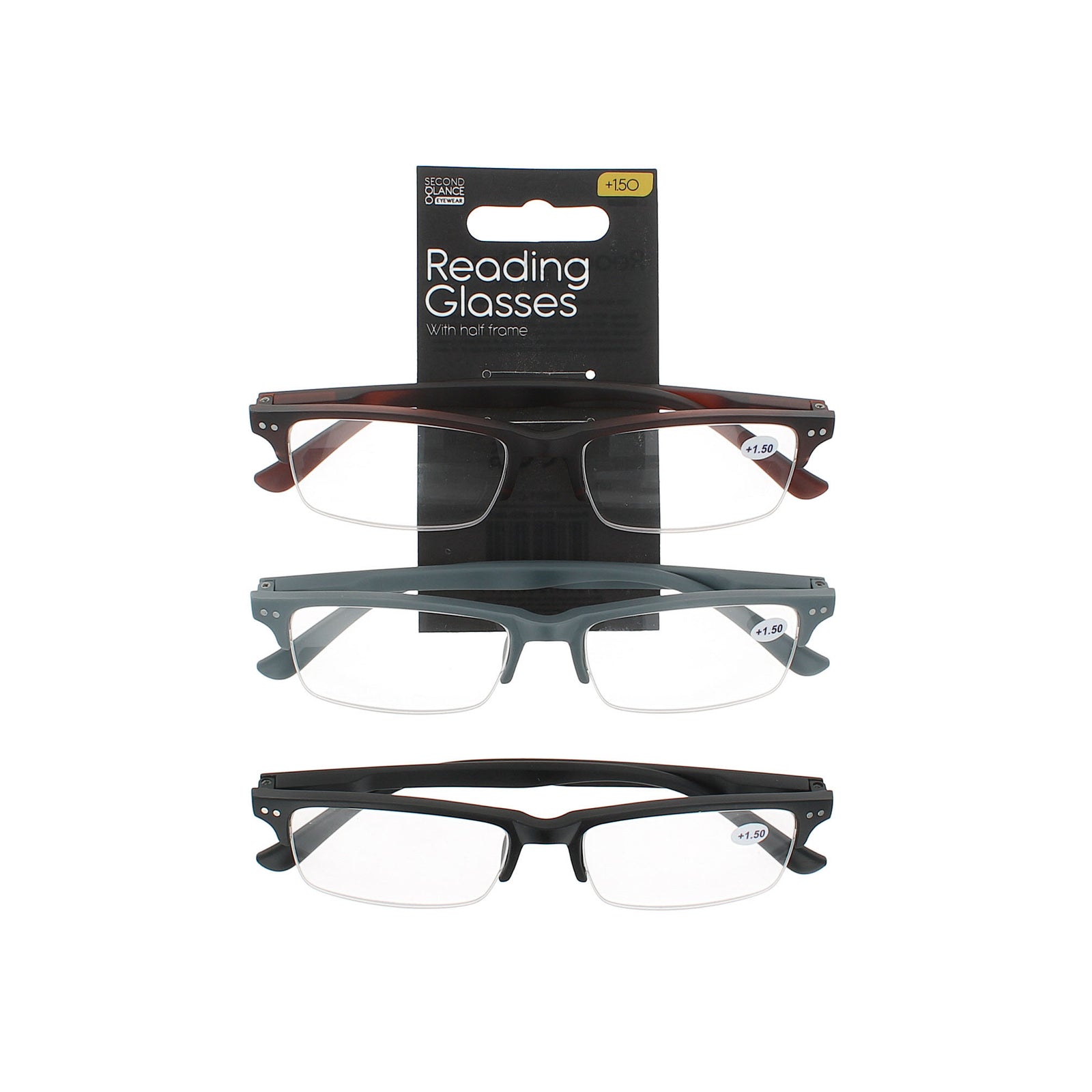 Second Glance 3 Pieces Half Frame Reading Glasses + 1.50 - Black-Brown-Grey