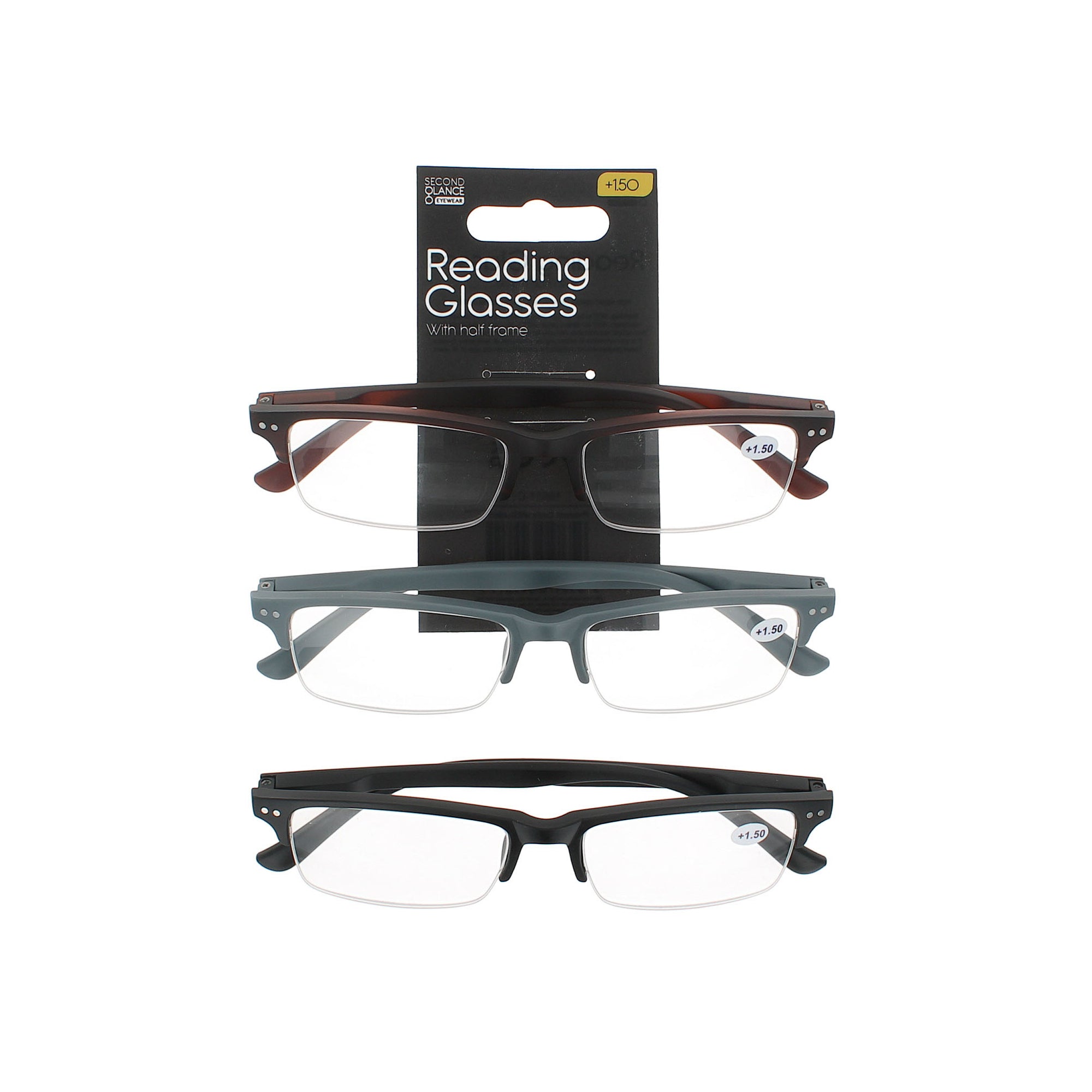 Second Glance 3 Pieces Half Frame Reading Glasses + 1.50 - Black-Brown-Grey