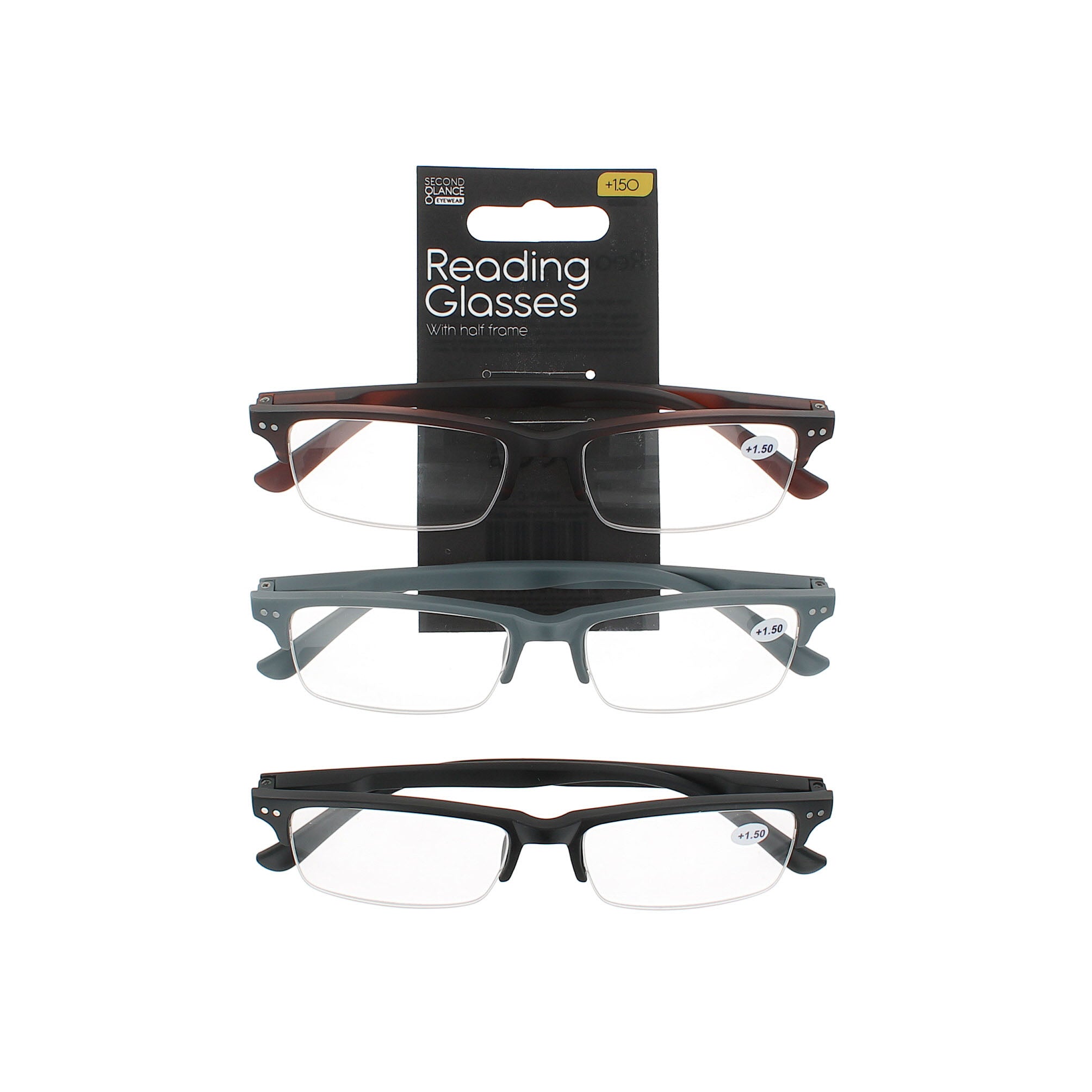 Second Glance 3 Pieces Half Frame Reading Glasses + 1.50 - Black-Brown-Grey