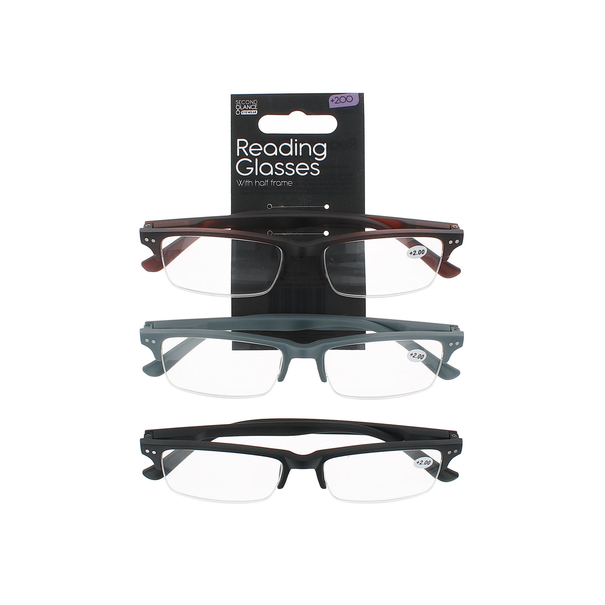 Second Glance 3 Pieces Half Frame Reading Glasses + 2.00 - Black-Brown-Grey