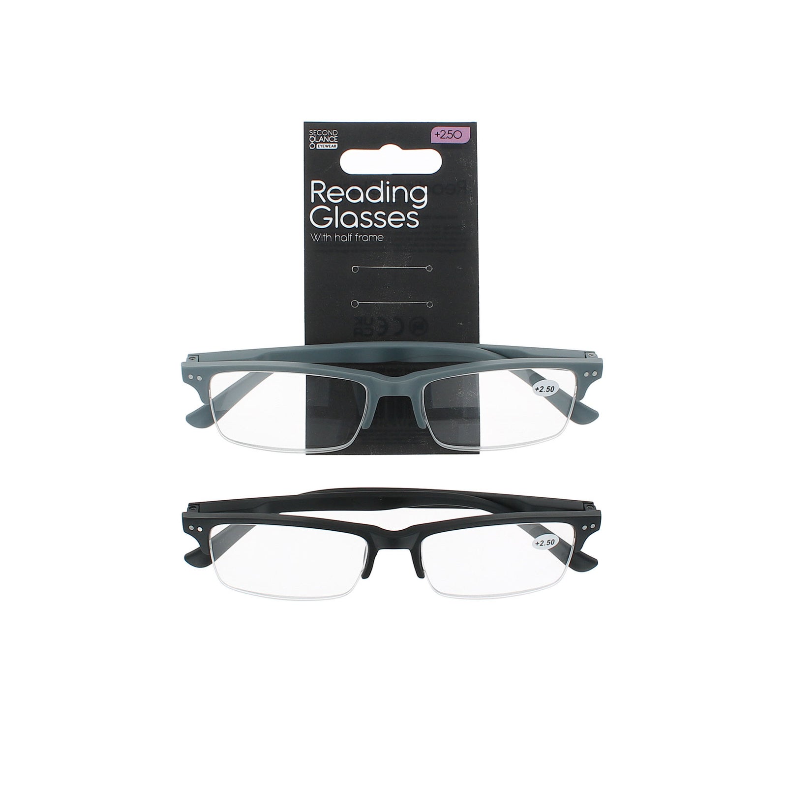 Second Glance 2 Pieces Half Frame Reading Glasses + 2.50 - Black-Grey