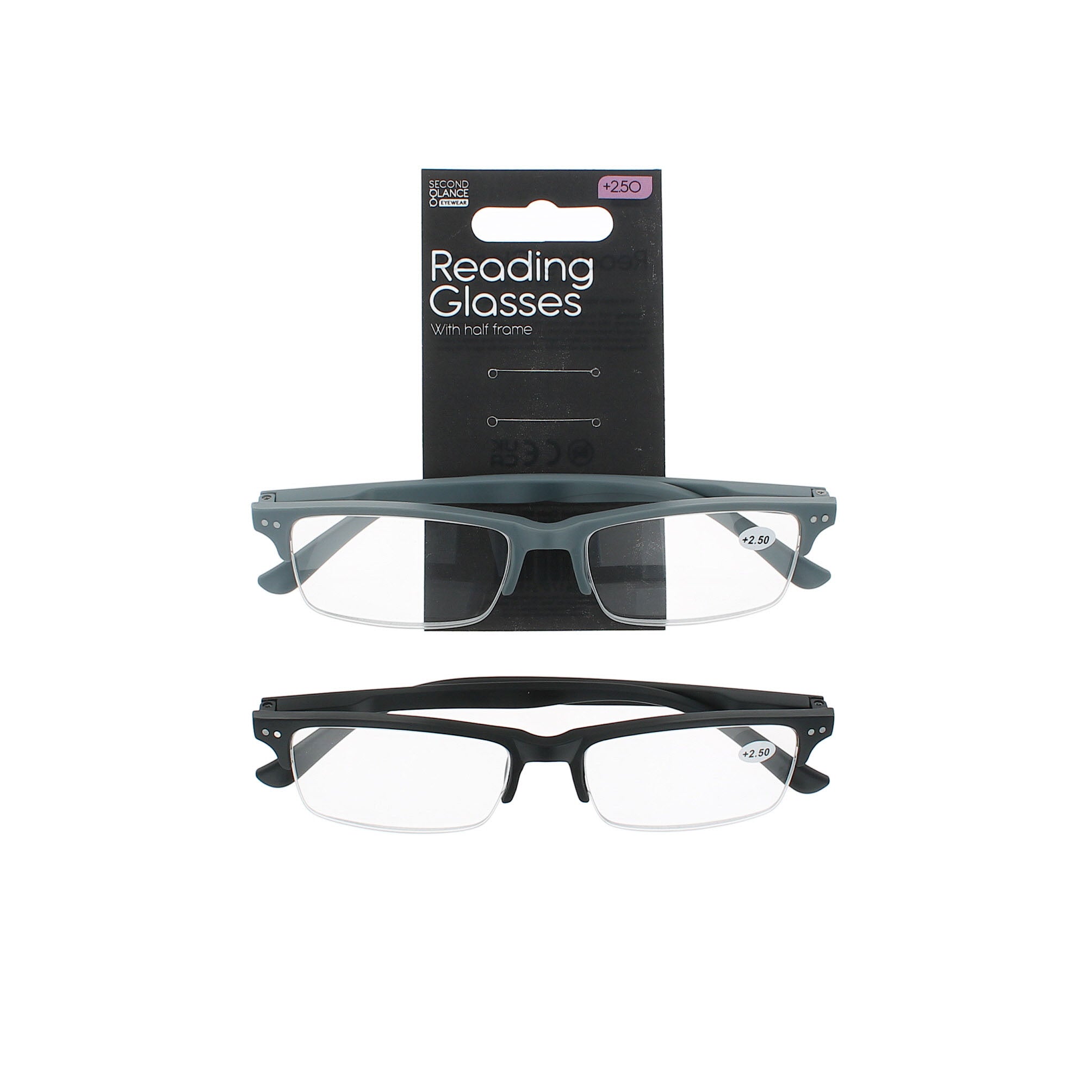 Second Glance 2 Pieces Half Frame Reading Glasses + 2.50 - Black-Grey