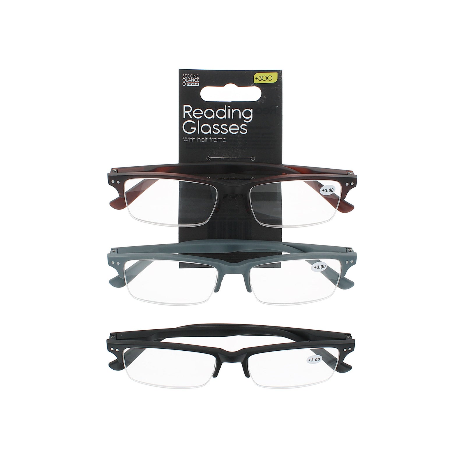 Second Glance 3 Pieces Half Frame Reading Glasses + 3.00 - Black-Brown-Grey