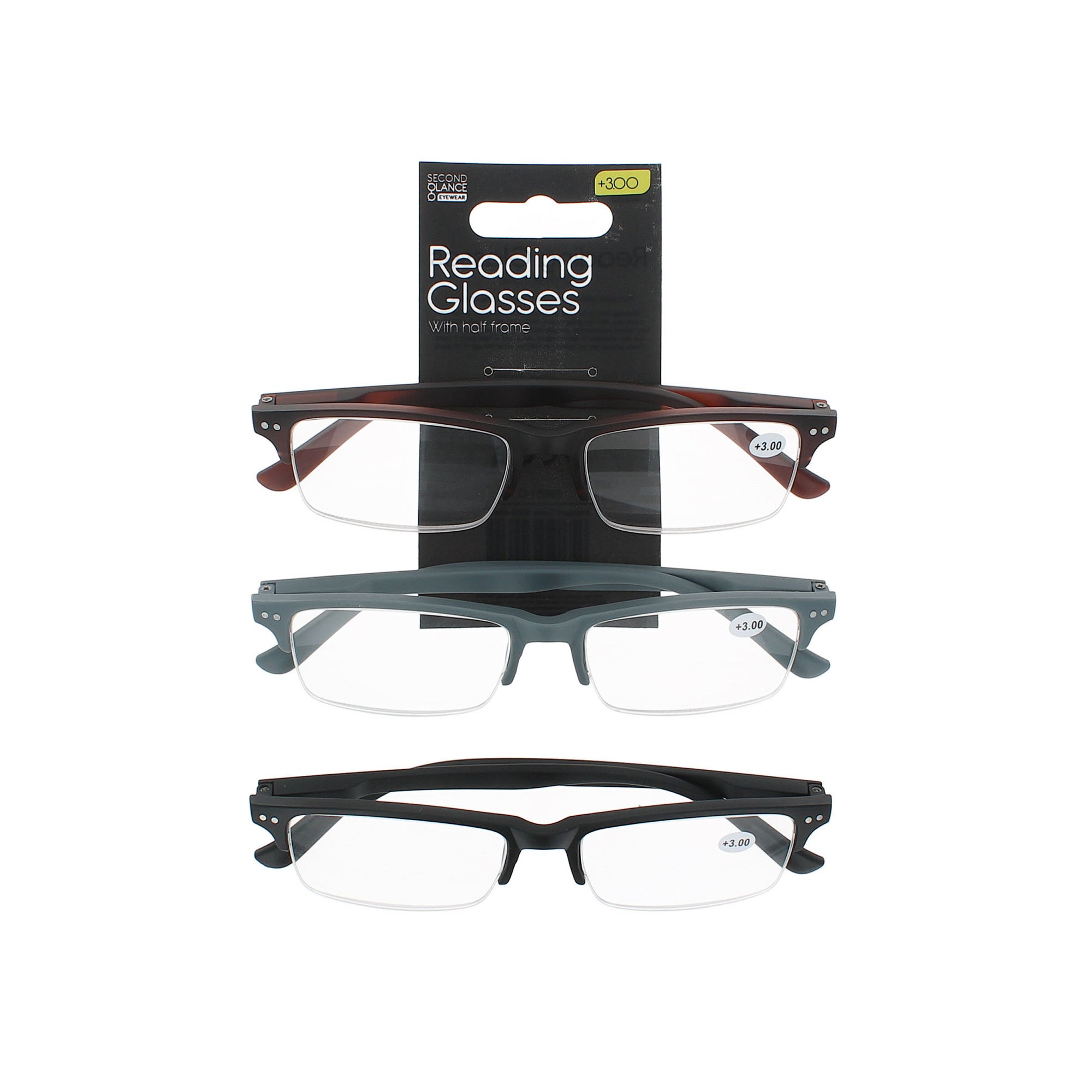 Second Glance 3 Pieces Half Frame Reading Glasses + 3.00 - Black-Brown-Grey