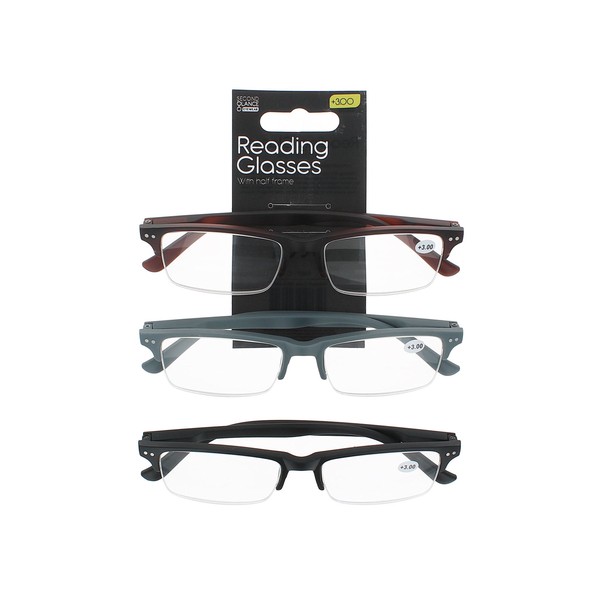 Second Glance 3 Pieces Half Frame Reading Glasses + 3.00 - Black-Brown-Grey