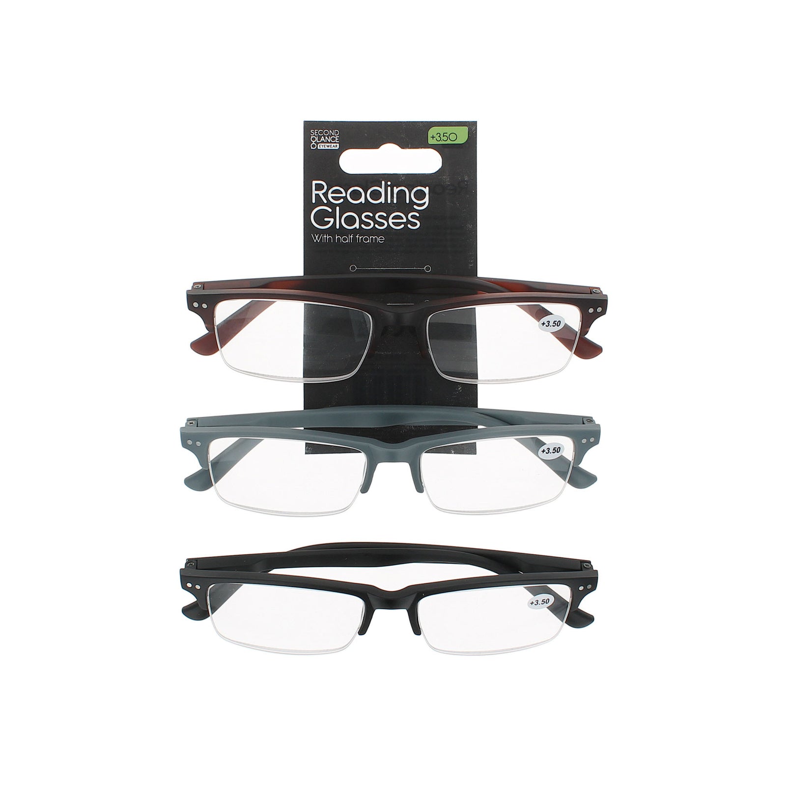 Second Glance 3 Pieces Half Frame Reading Glasses + 3.50 - Black-Brown-Grey