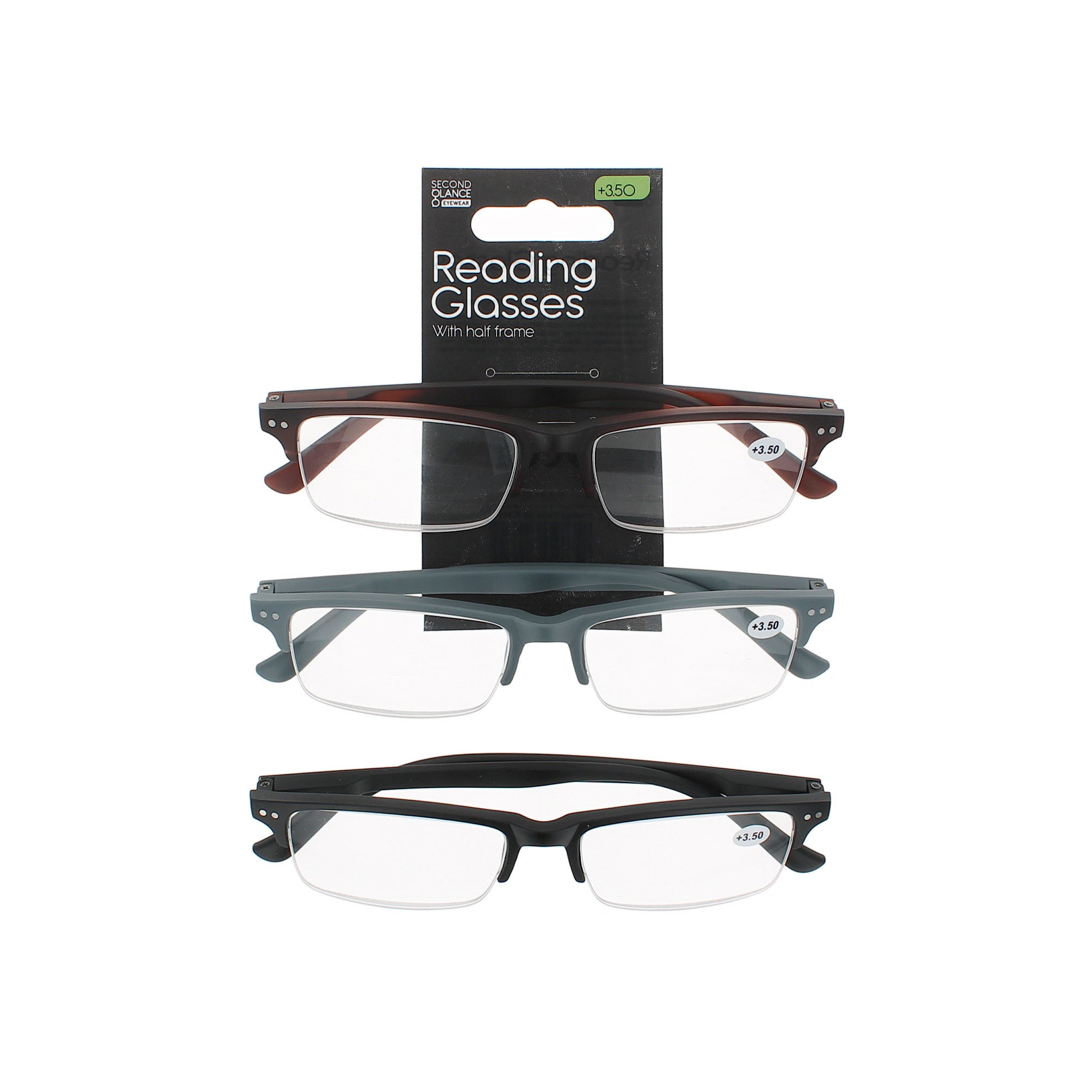 Second Glance 3 Pieces Half Frame Reading Glasses + 3.50 - Black-Brown-Grey