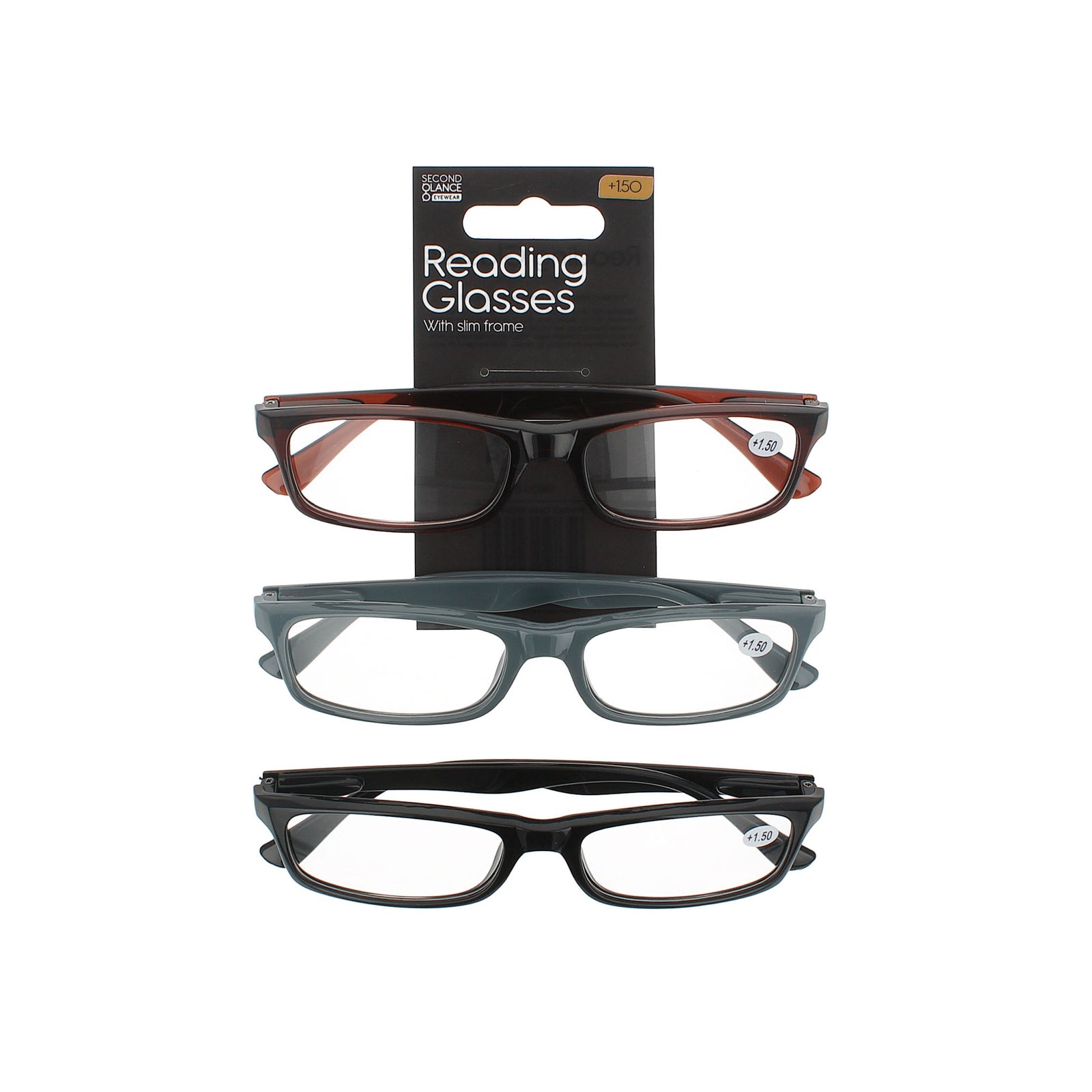Second Glance 3 Pieces slim Frame Reading Glasses + 1.50 - Black-Brown-Grey