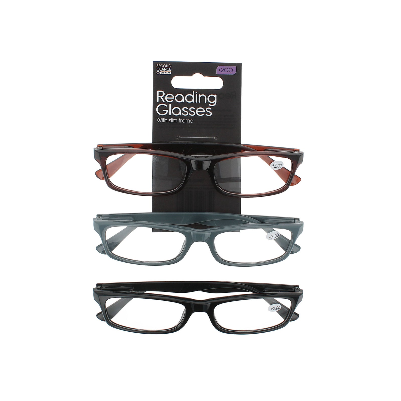 Second Glance 3 Pieces slim Frame Reading Glasses + 2.00 - Black-Brown-Grey