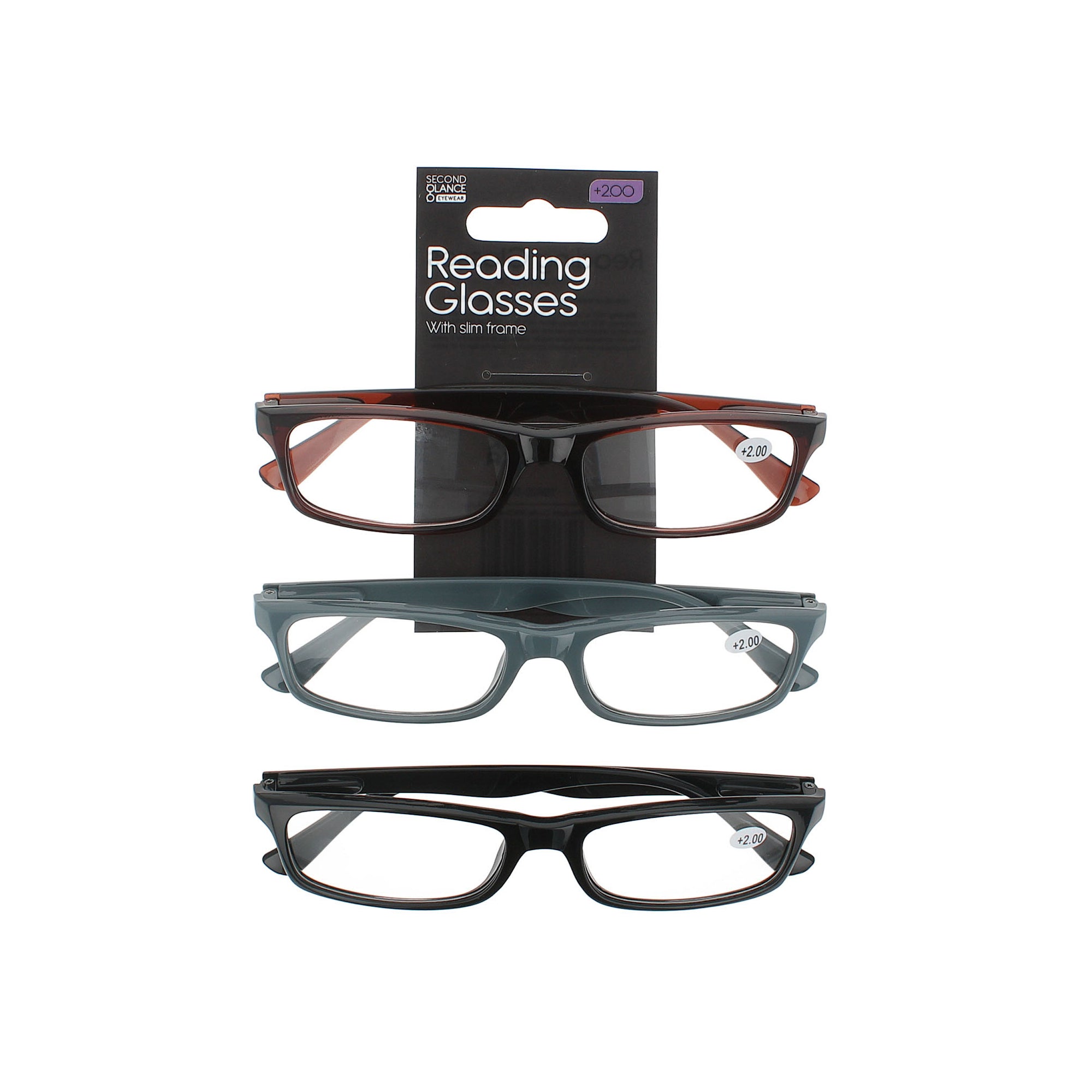 Second Glance 3 Pieces slim Frame Reading Glasses + 2.00 - Black-Brown-Grey